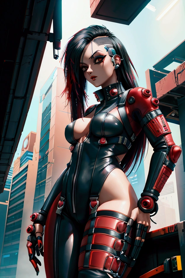 Cyberpunk, body suit, black and red, long hair, beautiful, 1 girl, punk, one piece, showing thighs, black hair, normal arms, face piercings