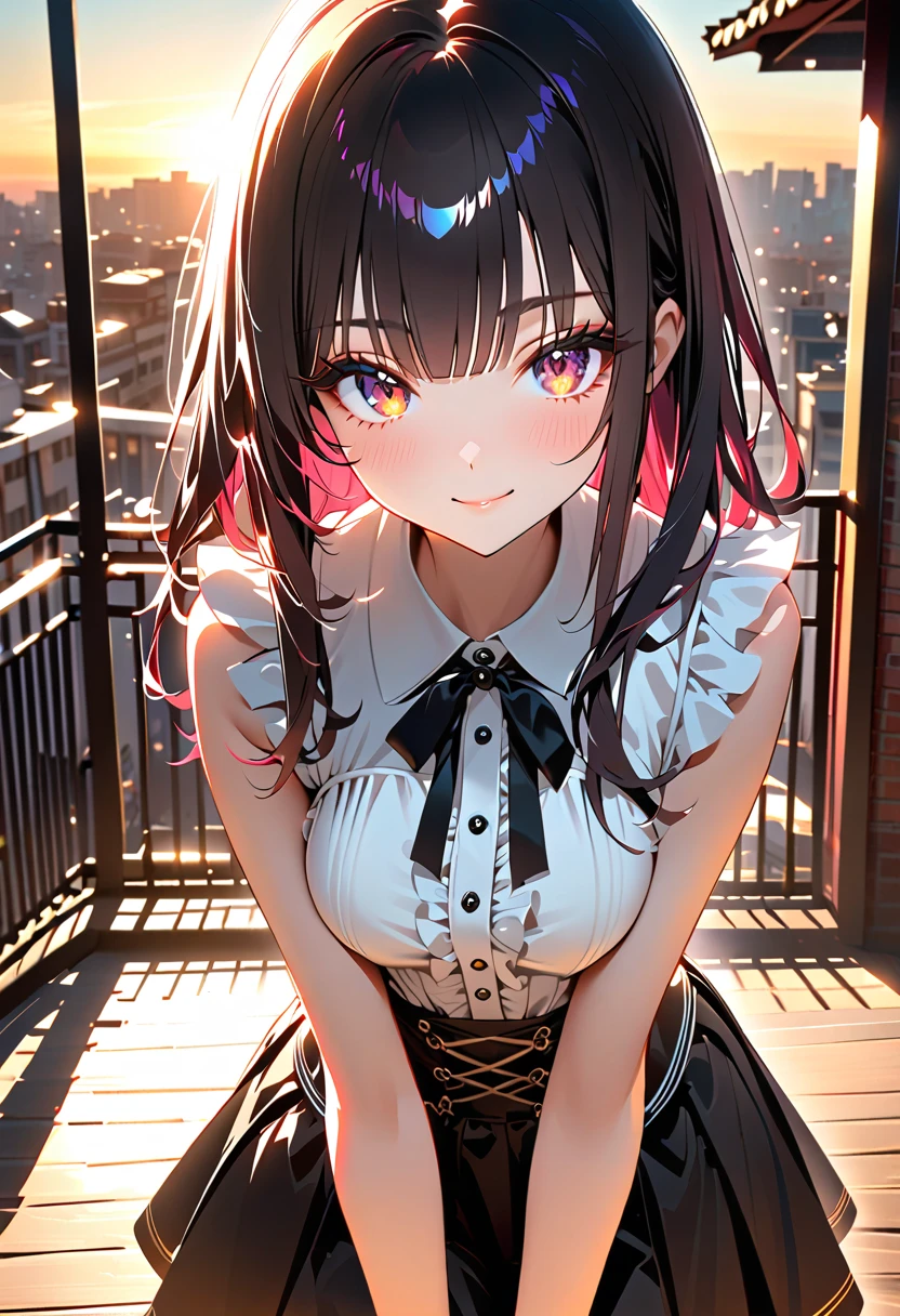 1 girl, (Portrait of a beautiful japanese girl), detailed beautiful face, long hair, bangs, (charcoal black hair), shiny hair, beautiful eyes, (dark brown eyes), (finely detailed beautiful eyes: 1.3), double eyelids, (eyelash: 1.2), (eye shadow: 1.2), smiling, seductive expression, blush, medium breasts, cute pose, (black pleated skirt, sleeveless collared white shirt, frills, virgin killer outfit), (sunset, on the terrace of a fashionable cafe in the city), shallow depth of field, BREAK, (cowboy shot, from front, looking at viewer, face focus), deep depth of field, stunning, fascinating, enchanting, cinematic lighting, cinematic composition, anime style, vibrant colors, thin lines, dreamlike, absurdres, highres, masterpiece, best quality, newest, very aesthetic, ultra quality, high detailed, anatomically correct, perfect hands,