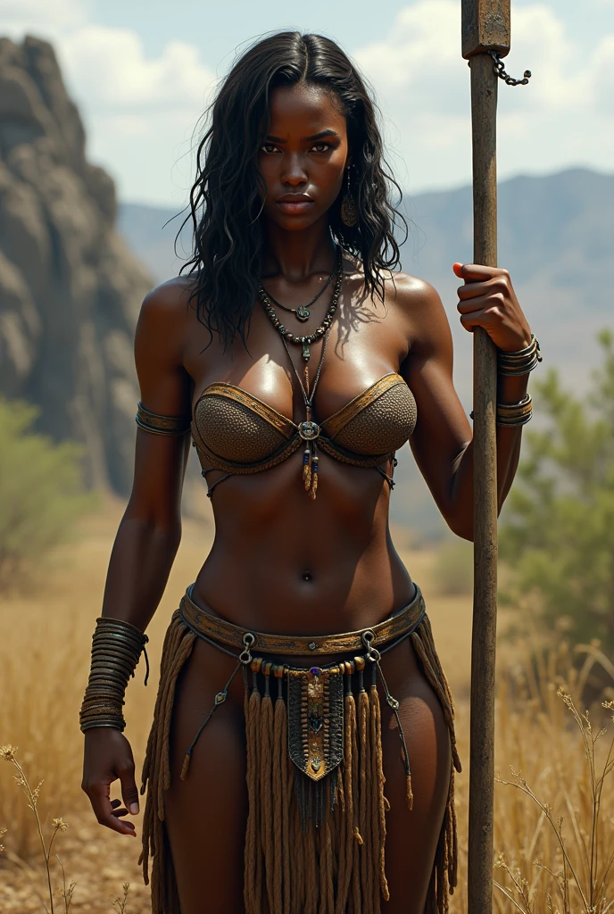 (a high resolution:1.2),ultra detailed,(realistic:1.37),beautiful African woman,half-orc warrior, soft facial features, (((black skin))), (((chain mail armor))), ((( bare chest))), erect black nipples, Red eyes, (((battle ax wielder))), long wavy hair, on the battlefield, fighting demons, low lighting,shackles,A desperate look,A beautiful work of art,detailed background,soft shadows,Bright colors,surreal atmosphere,fine textures,very beautiful,emotionally charged, (((hairy pubis))), whole body pose