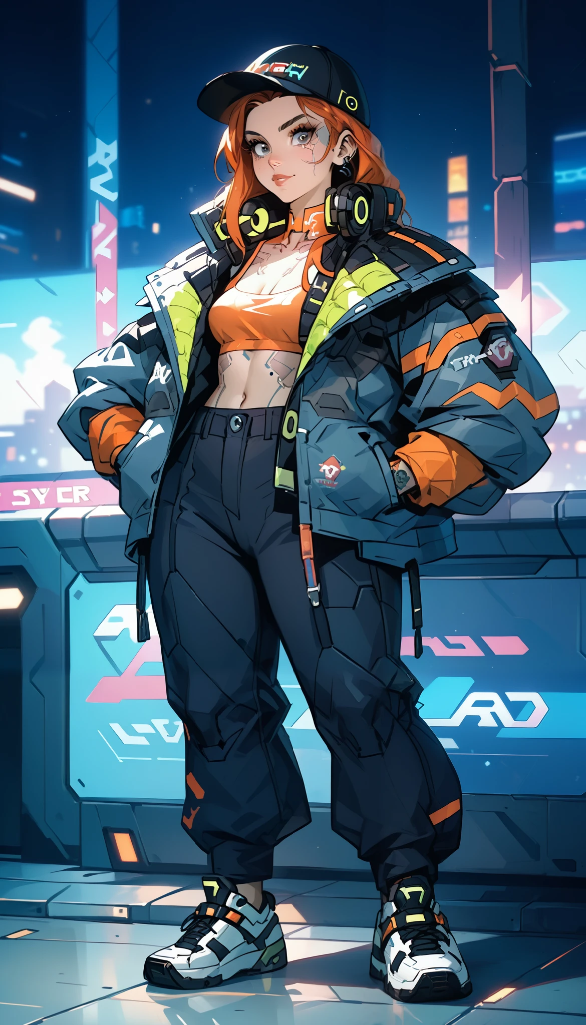   a woman wearing a jacket and wide black pants with a hat with a visor black sneakers with orange stripes,   long strap belts in jacket and pants  ,   dynamically poses hands in the pockets of the pants , NArte cyberpunk by Russell Dongjun Lu  ,  trending at CGSociety , arte digital, Cyberpunk streetwear,  Techwear appearance and clothing  , wearing Cyberpunk streetwear,   Technological clothing of the future  , futuristic techwear,  cyberpunk style ,  Cyberpunk technical clothing , technological fashion ,   Character design Cyberpunk  , cyberpunk clothing