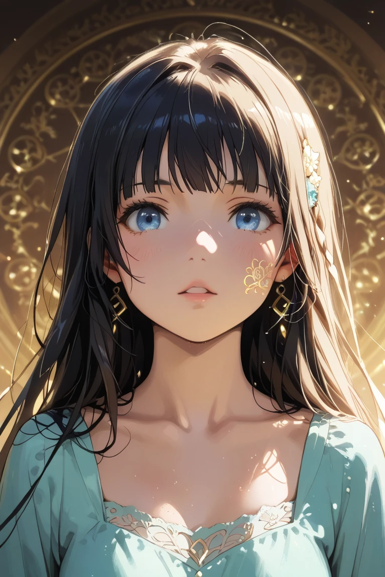 A highly detailed and high resolution image of "Shiba Miyuki" [from Magical High School Underclassmen]; Japanese girl with long black hair; cute, wearing a lovely multi colored white and green dress with semi-translucent fabric; she has a kind and patient expression on her face; background of magical arcane runes; break: quality\(8k,wallpaper of extremely detailed CG unit, high resolution, top-quality, top-quality real texture skin, hyper realistic, increase the resolution, RAW photos, best quality, highly detailed, the wallpaper, golden ratio, high saturation realism, vibrant colors, dramatic lighting, persuasive storytelling, atmospheric scenery, captivating visuals, intricate details, strong emotions, dreamlike world\),(dynamic angle:1.4)