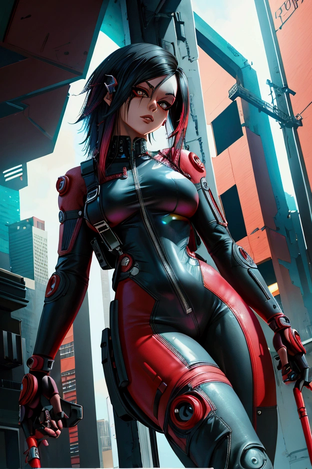 Cyberpunk, body suit, black and red, long hair, beautiful, 1 girl, punk, one piece, showing thighs, black hair, normal arms, face piercings