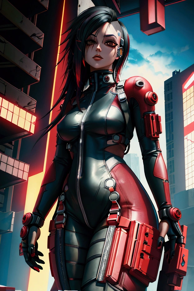 Cyberpunk, body suit, black and red, long hair, beautiful, 1 girl, punk, one piece, showing thighs, black hair, normal arms, face piercings