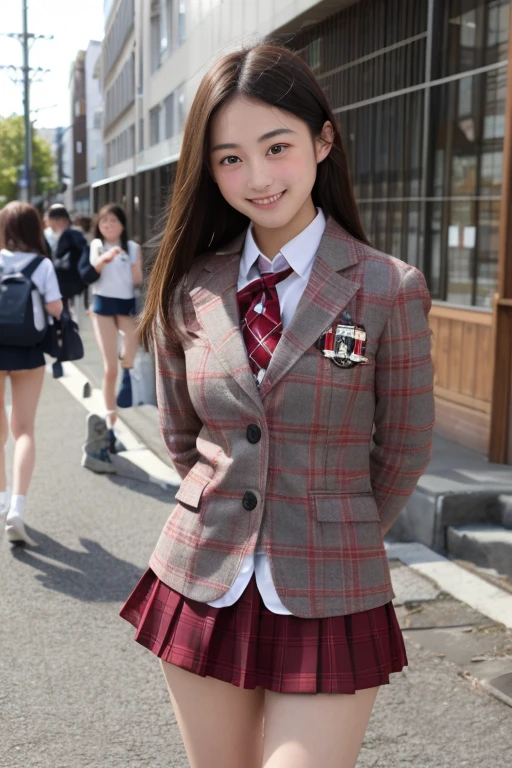 High school girls、red plaid uniform、Pretty short skirt、Sunlight、 bright 