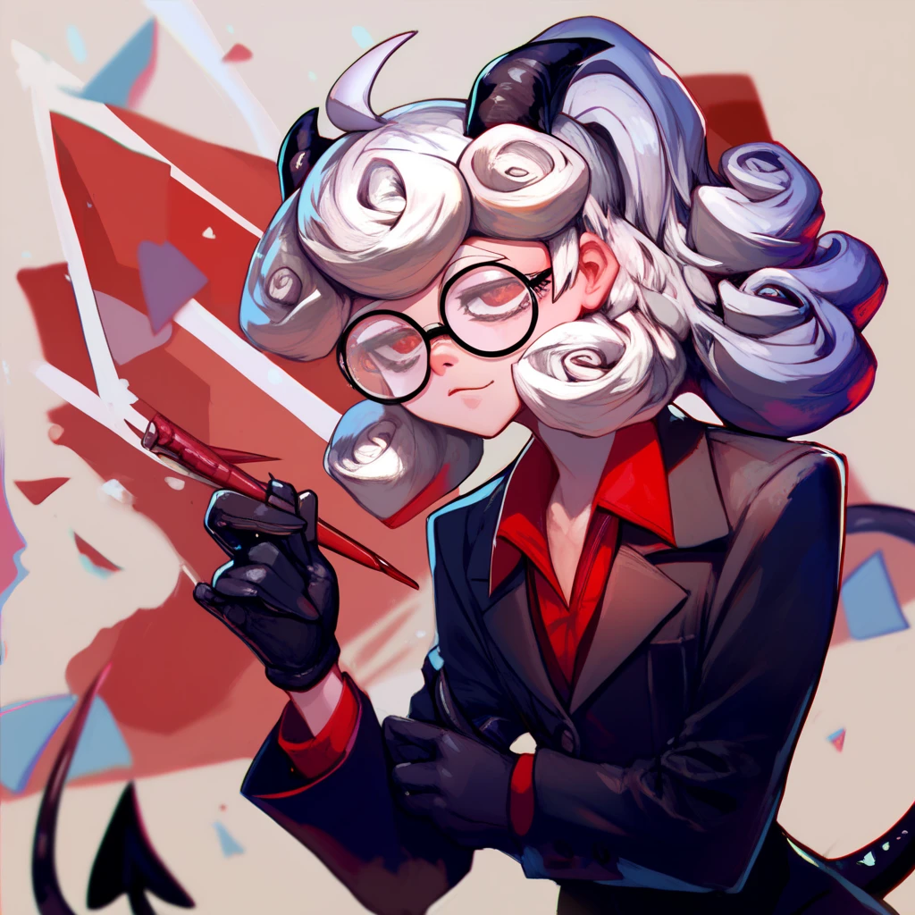 htpandemonica, curly hair, ahoge, ponytail, demon horns, demon tail, round eyewear, glasses, formal, suit, black jacket, long sleeves, red shirt, black gloves, black skirtsketch