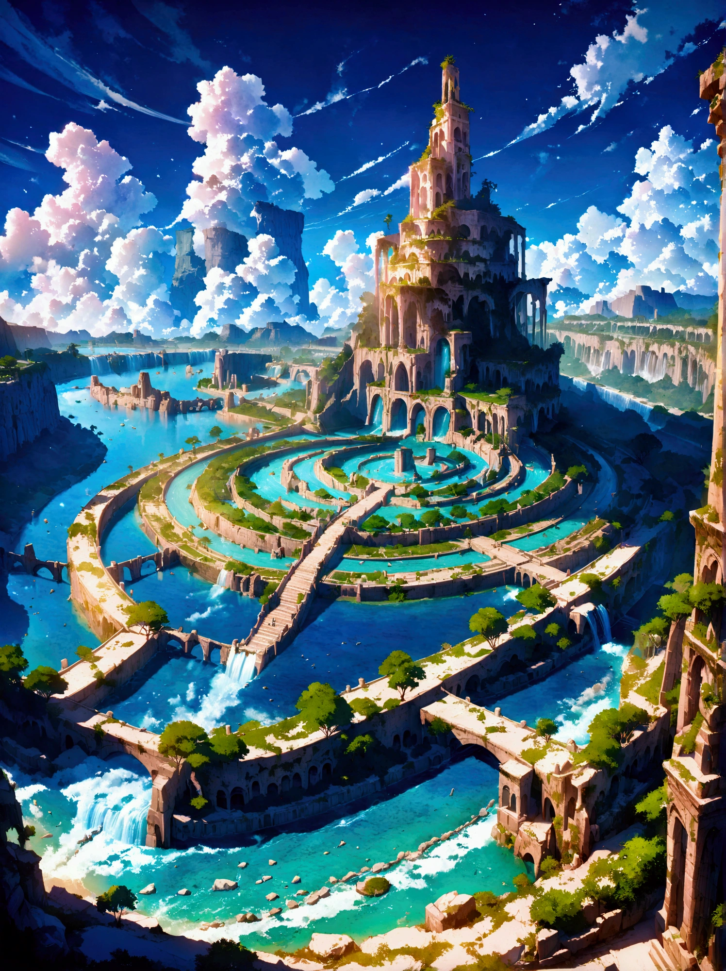  resolution 8k, surreal,  super detailed ,  High quality ,  Fantastic city , imposing arches and bridges , cascading waterfalls, ancient ruins,  lush vegetation , Winding river,  blue sky with fluffy clouds ,  detailed stone structures , Picturesque landscapes,  mix of natural and architectural beauty,  vibrant colors