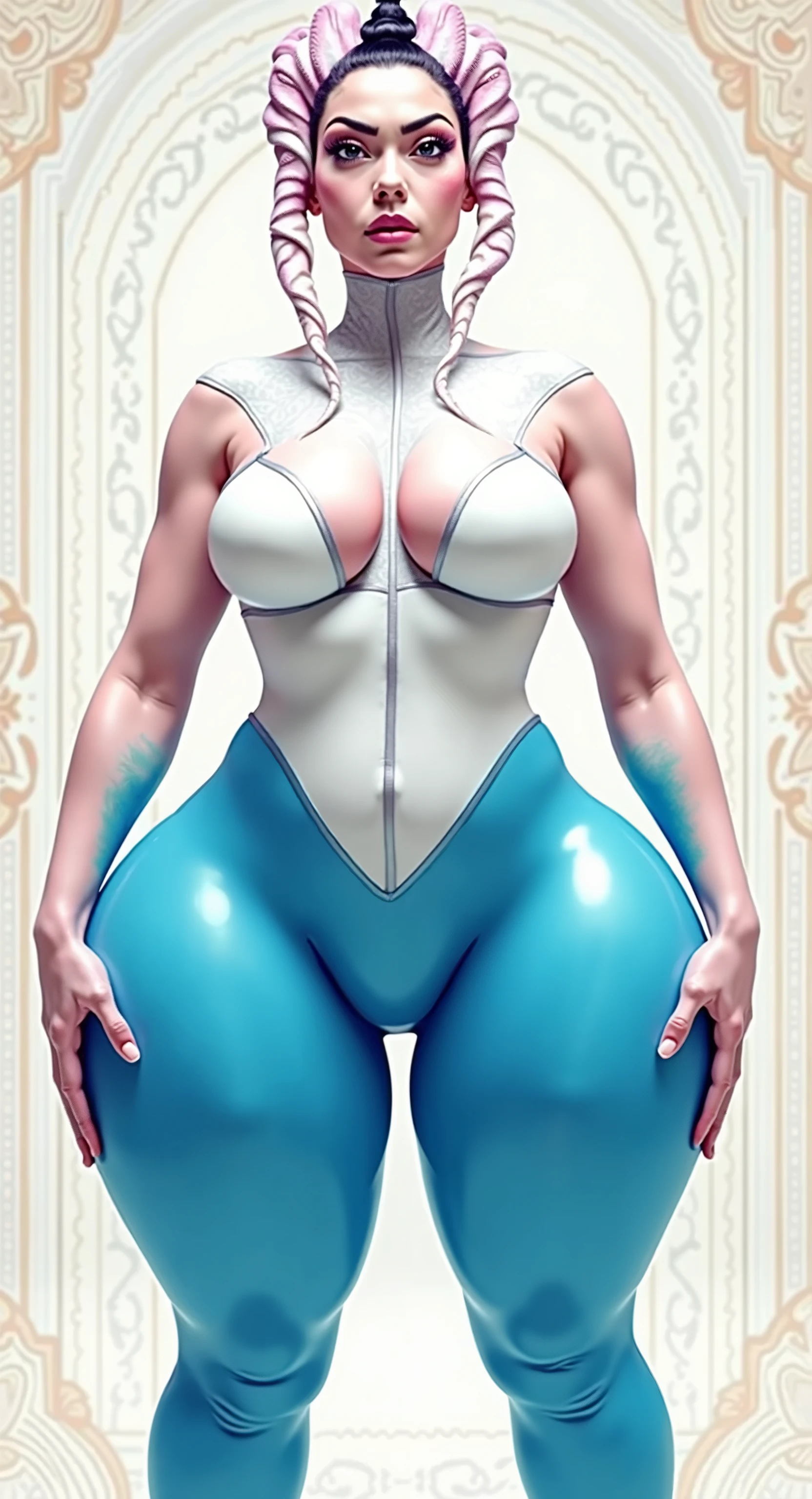 full bodyesbian，Nine women，Stand in a row，One-piece tights，Conjoinment，Blue latex set，Standing on the ground，huge tit，Slim，long leges，Stand up straight，nothing background，Slim，extra long leg，Huge breasts，A sagging breast，