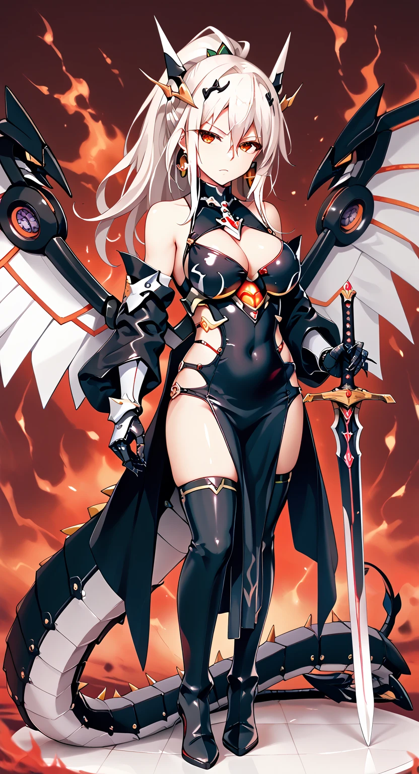 ((best quality)), ((masterpiece)), (detailed), perfect face, 1girl, solo, black and red armour, horns, ashes, molten lava, fire breath, large breasts, black legwear, ultra detailed, highest resolution, best quality, gorgeous lady