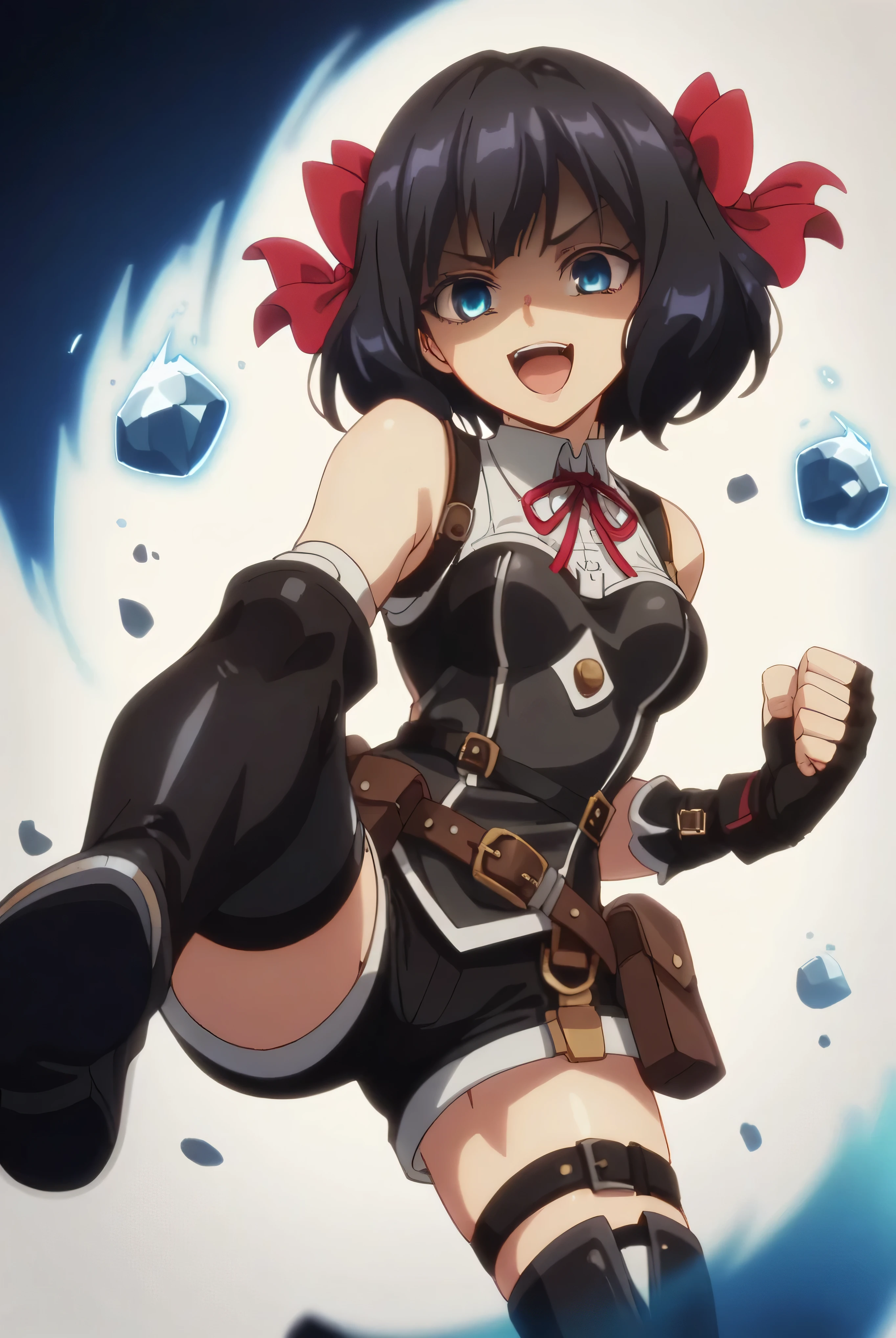 (score_9,score_8_up,score_7_up, ),TXWL_DN,1girl,Alone,black hair,fingerless gloves,thighhighs,blue eyes,short hair,black thighhighs,shade shaded face(eyes in shadow),,red ribbon,black gloves,hair bow,belt,detached sleeves,black latex shorts,belt pouch,cowboy_shot,,,shirt,latex thighhigh_boots,evil laugh,,feet,,Devastation,kick,