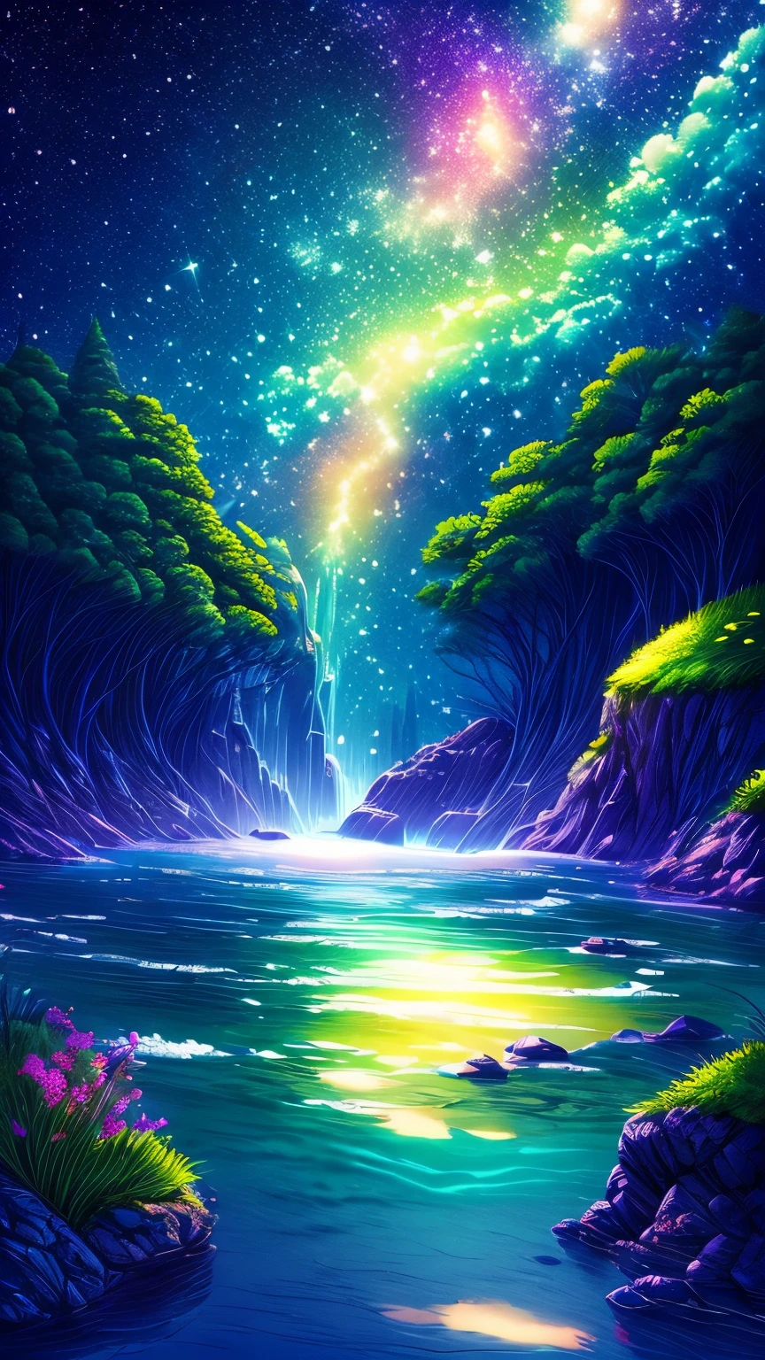 Cute girl characters 、Green Grass々Draw a butterfly flying over water,  look up at the starry sky. Surround her with colorful nebulae and colorful forests.