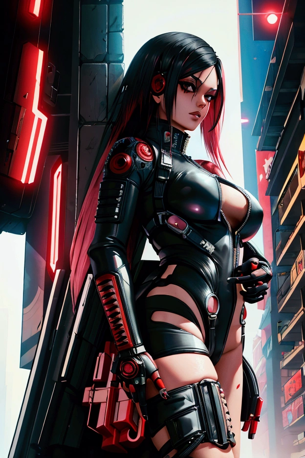 Cyberpunk, body suit, black and red, long hair, beautiful, 1 girl, punk, one piece, showing thighs, black hair, normal arms, face piercings, pistol