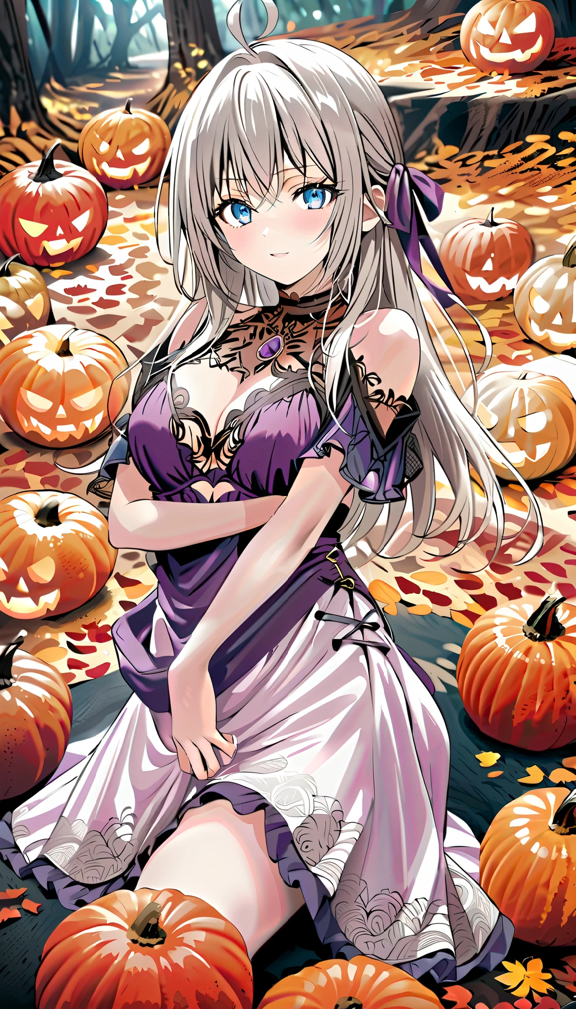  dazzling , intellectual and elegant ，alia, Create a charming anime-style illustration of a beautiful woman with long white hair, dressed in very sexy Halloween lingerie. a big neckline , She is in a moonlit forest ,  surrounded by shiny pumpkins and flowing autumn leaves .  The composition should focus on her striking features ,  with hair falling out elegantly over the shoulders . Use soft , } ethereal lighting that casts soft shadows , Enhancing the Mystical Atmosphere.  The color palette must include deep purples ,  vibrant oranges ,  and touches of silver to evoke a magician , Vibe de Halloween.  Incorporate intricate details into her costume ,  mood such as lace and shimmering fabrics ,  showing textures that contrast with the softness of her skin .  Capture a sense of movement as leaves dance around you ,  creating a fanciful ,  but slightly mysterious .  Look for high resolution quality , adequado para uma impressão  dazzling,  with sharp details and vibrant colors , pretty face