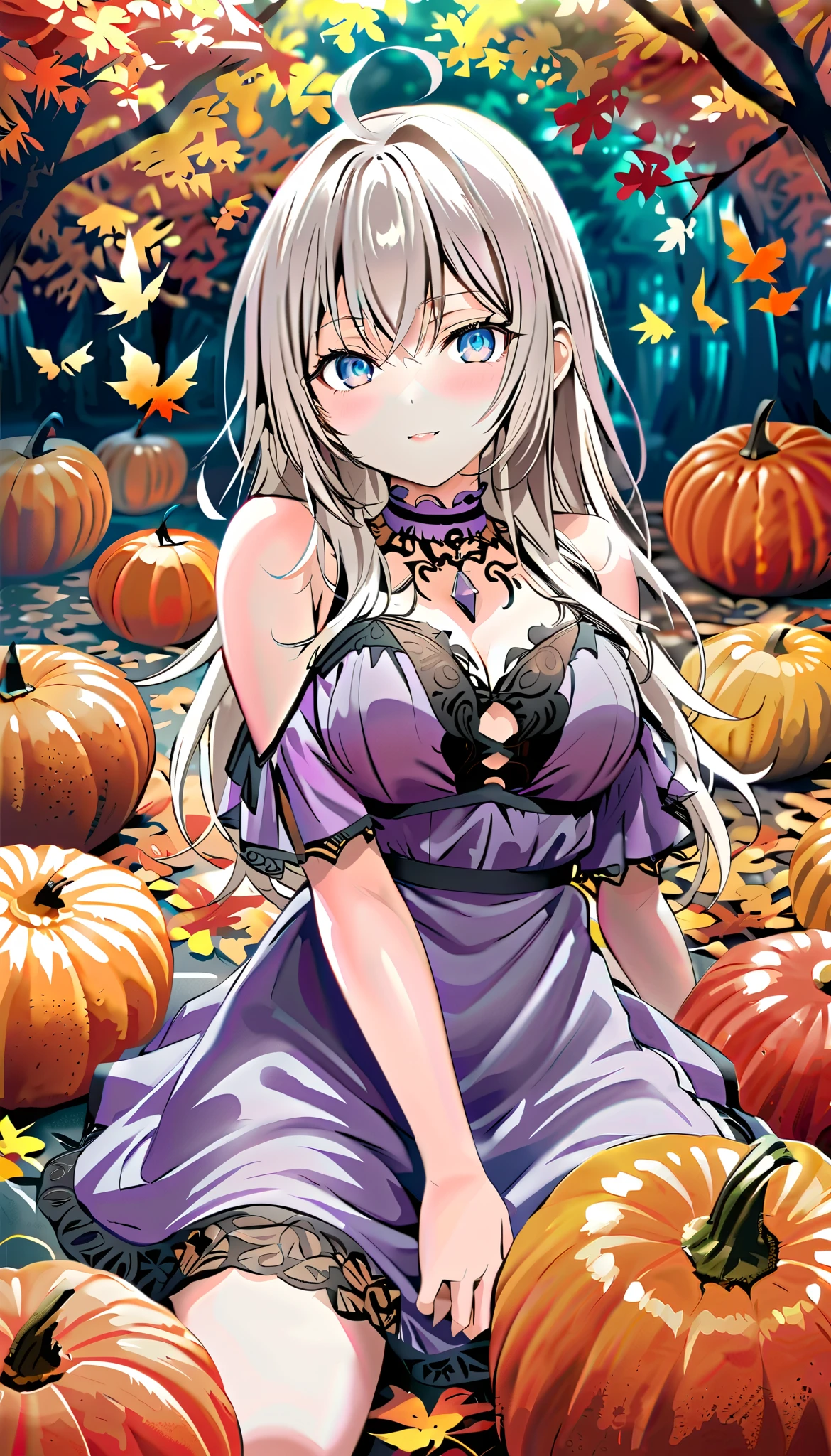  dazzling , intellectual and elegant ，alia, Create an enchanting anime-style illustration of a beautiful woman with long white hair, dressed in very sexy Halloween lingerie. a big neckline , She is in a moonlit forest ,  surrounded by shiny pumpkins and flowing autumn leaves .  The composition should focus on her striking features ,  with hair falling out elegantly over the shoulders . Use soft , } ethereal lighting that casts soft shadows , Enhancing the Mystical Atmosphere.  The color palette must include deep purples ,  vibrant oranges ,  and touches of silver to evoke a magician , Vibe de Halloween.  Incorporate intricate details into her costume ,  mood such as lace and shimmering fabrics ,  showing textures that contrast with the softness of her skin .  Capture a sense of movement as leaves dance around you ,  creating a fanciful ,  but slightly mysterious .  Look for high resolution quality , adequado para uma impressão  dazzling,  with sharp details and vibrant colors , pretty face