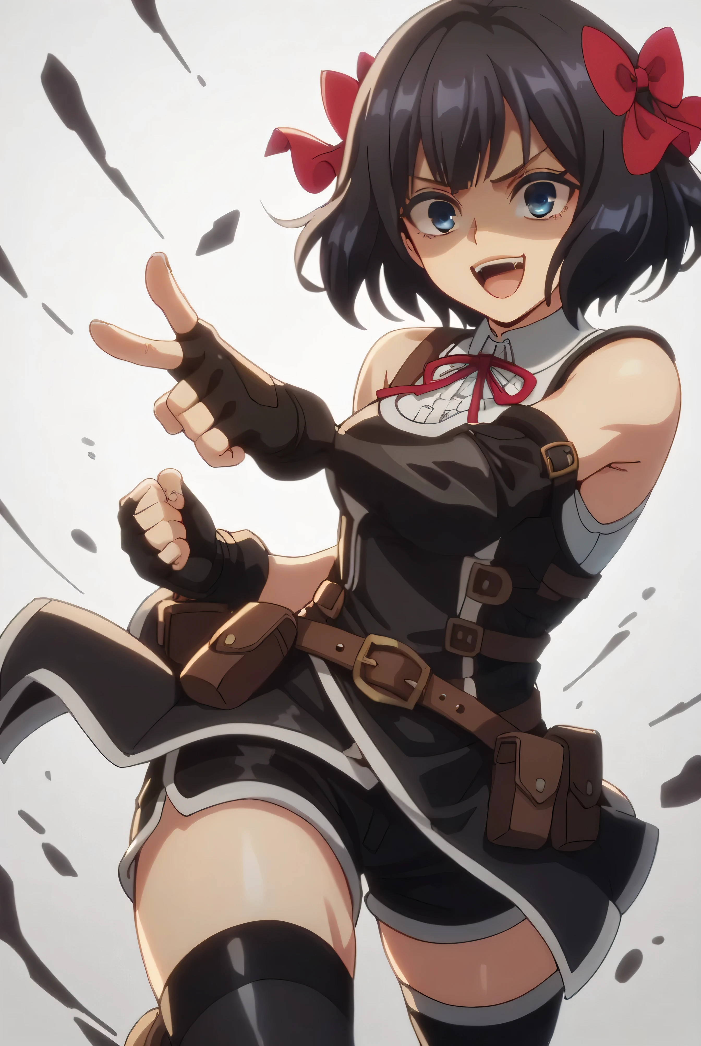 (score_9,score_8_up,score_7_up, ),TXWL_DN,1girl,Alone,black hair,fingerless gloves,thighhighs,blue eyes,short hair,black thighhighs,shade shaded face(eyes in shadow),,red ribbon,black gloves,hair bow,belt,detached sleeves,black latex shorts,belt pouch,cowboy_shot,,,shirt,latex thighhigh_boots,evil laugh,,feet,,Devastation,kick,