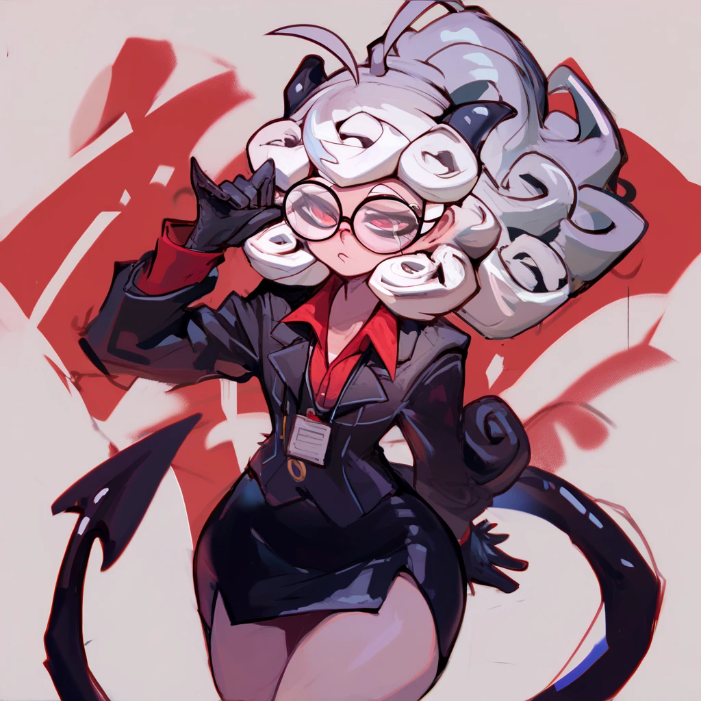 htpandemonica, curly hair, ahoge, ponytail, demon horns, demon tail, round eyewear, glasses, formal, suit, black jacket, long sleeves, red shirt, black gloves, black skirt, wide hips, sketch