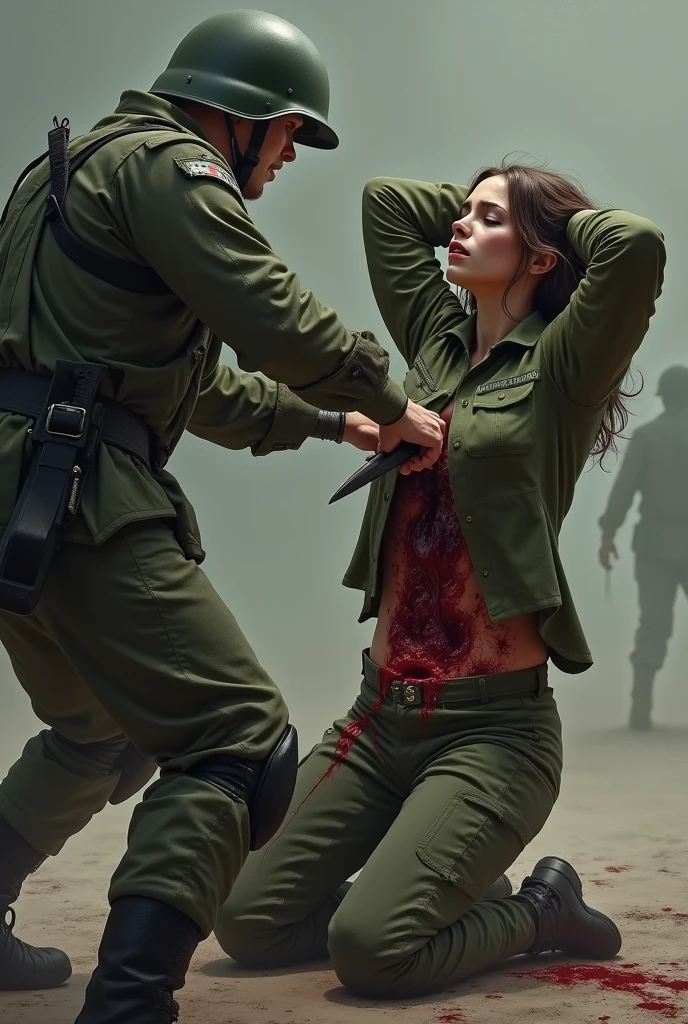 there is a man hanging consciousless over a woman's shoulder with a naked body signed with blood, by Marina Abramović, a screaming and longhaired woman in a very shiny winter coat is carrying a naked and consciousless man over her shoulder, pity, erotic, sexual pose