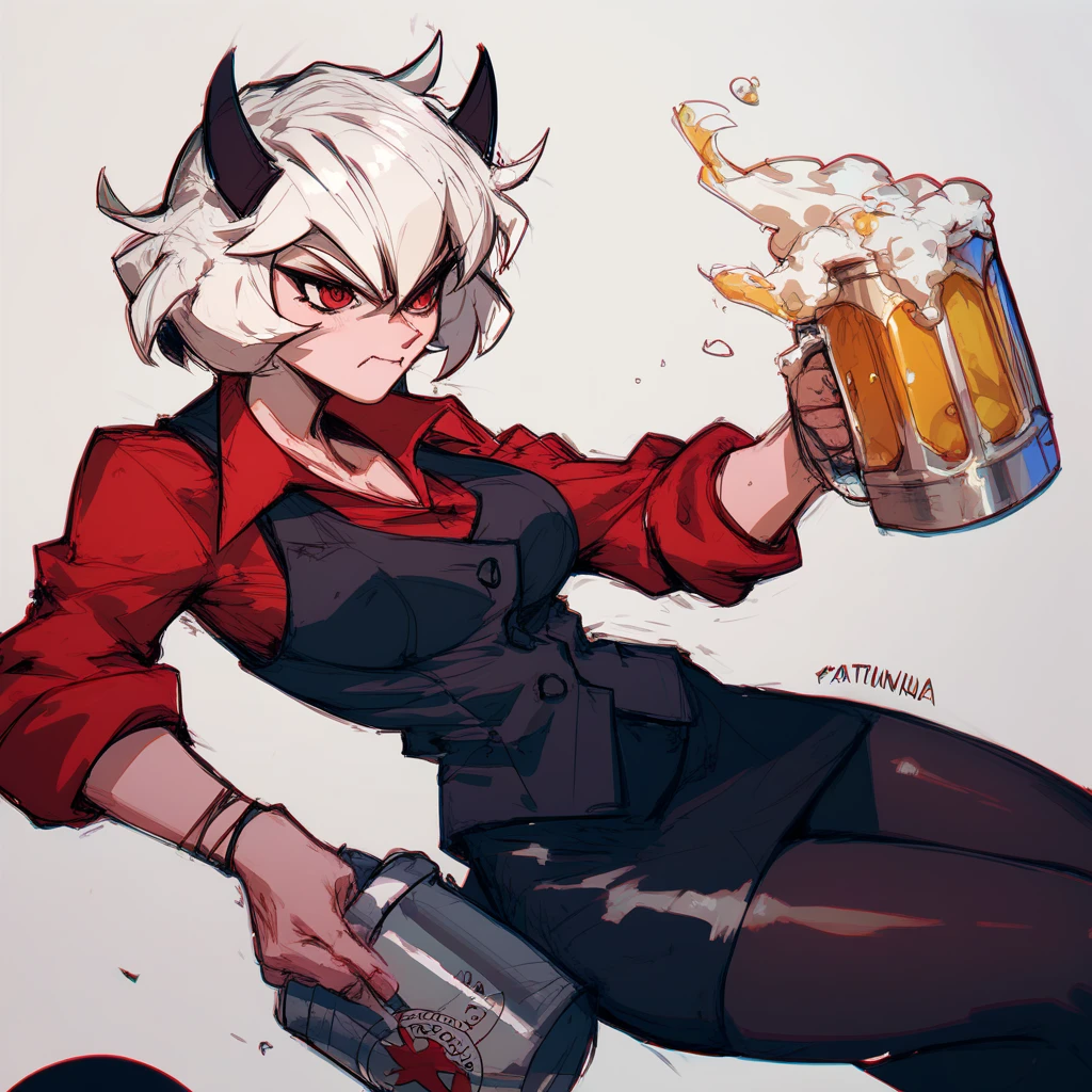 htmalina, girl, solo, demon horns, red shirt, sleeves rolled up, black vest, waistcoat, black skirt, black pantyhose, holding a beer, sketch