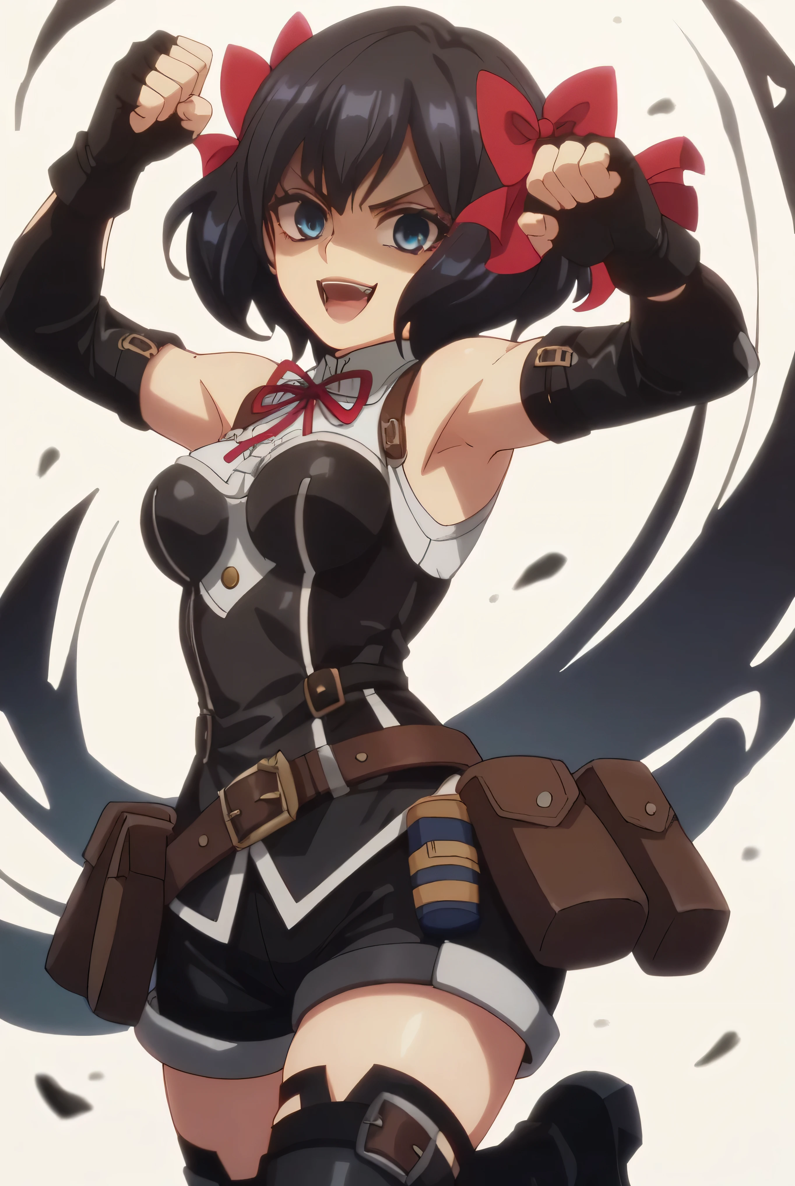 (score_9,score_8_up,score_7_up, ),TXWL_DN,1girl,Alone,black hair,fingerless gloves,thighhighs,blue eyes,short hair,black thighhighs,shade shaded face(eyes in shadow),,red ribbon,black gloves,hair bow,belt,detached sleeves,black latex shorts,belt pouch,cowboy_shot,,,shirt,latex thighhigh_boots,evil laugh,,feet,,Devastation,kick,