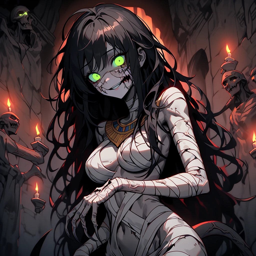 Solo, female, tangled hair, messy hair, long black hair, decay, sickly skin, ((prominent veins)), pulsating veins, undead, glowing eyes, green eyes, statuesque build, unnatural twisting:1.2, large breasts, narrow hips, claws, elongated arms, thick serpentine tail, barbed hook tail, dark aura:0.5, alluring, Egyptian, curtain, tomb, candles, indoors, ghoul, ((white bandages)), seriously decaying, yandere smile, ((sickly face)), disfigured, broken joints, pinup pose, lying on wodden divan
