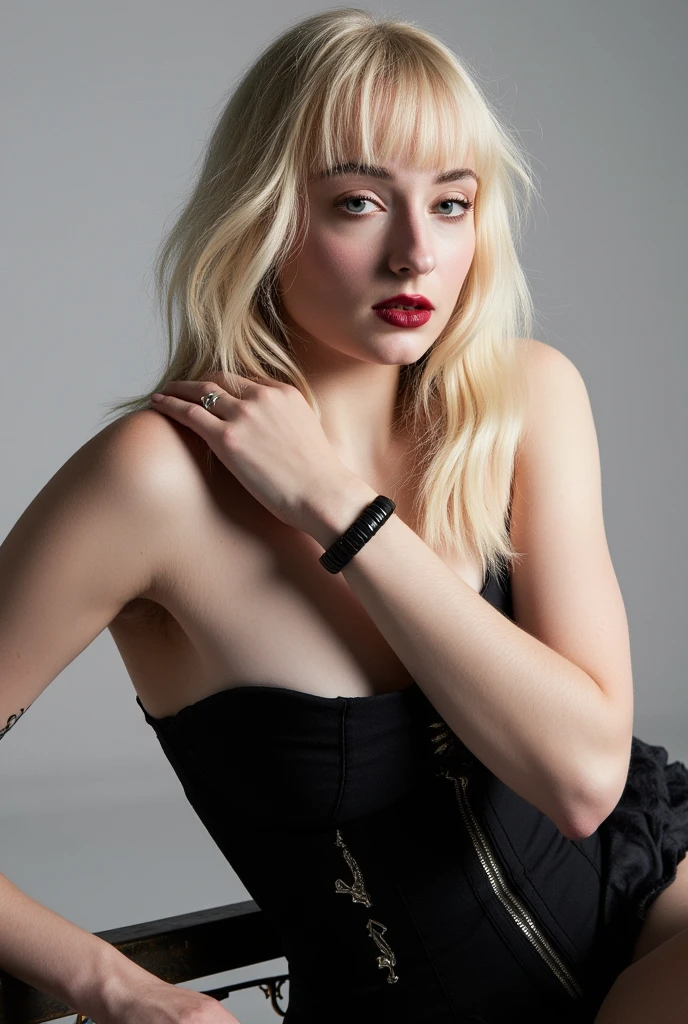 Sophie Turner,blonde hair,black midriff strapless bandeu corset,black wristband,potrait