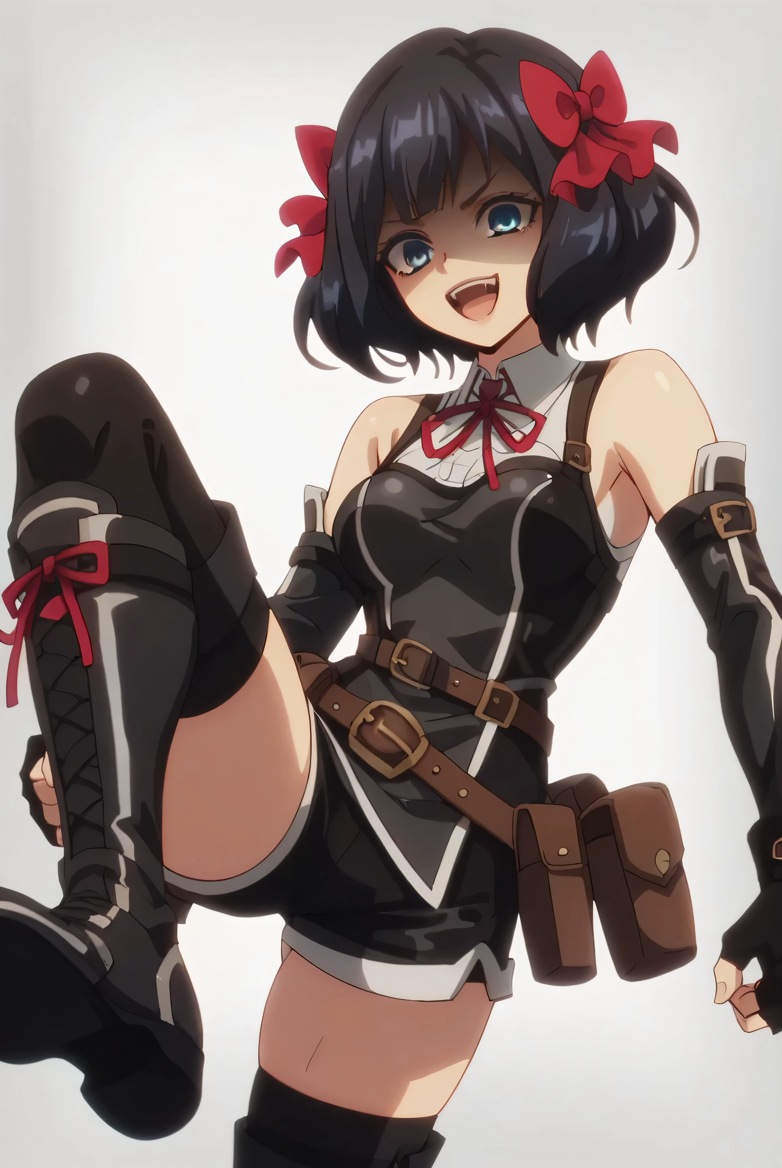 (score_9,score_8_up,score_7_up, ),TXWL_DN,1girl,Alone,black hair,fingerless gloves,thighhighs,blue eyes,short hair,black thighhighs,shade shaded face(eyes in shadow),,red ribbon,black gloves,hair bow,belt,detached sleeves,black latex shorts,belt pouch,cowboy_shot,,,shirt,shiny latex thighhigh_boots,evil laugh,,feet,,Devastation,kick,