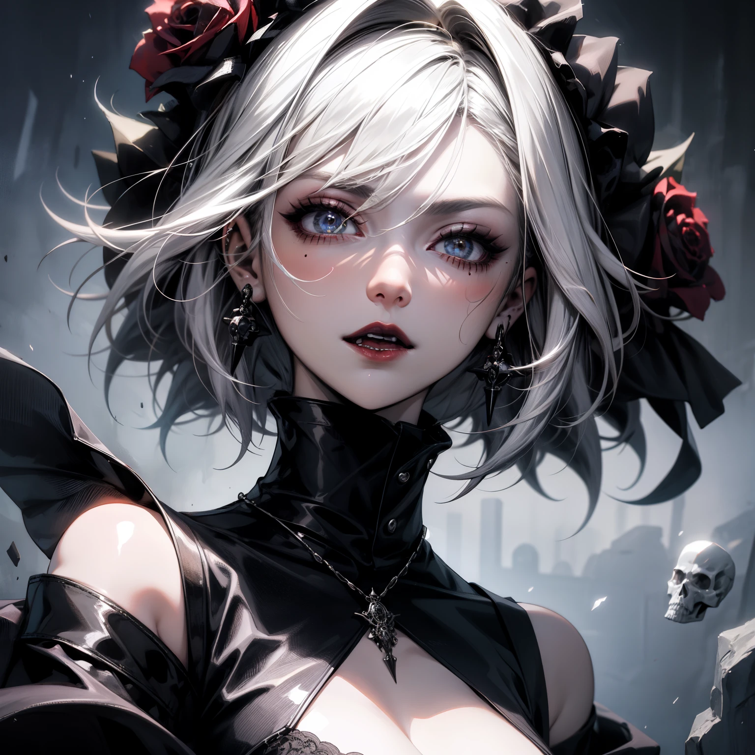 Create a fantasy portrait of a young woman with shoulder-length dark hair and striking features, set against a backdrop of ethereal darkness. She wears an elegant gown with dramatic sleeves and a high collar, adorned with roses and shards of glass. Her pale skin glows subtly, while her expressive eyes reflect a mixture of vulnerability and strength, accentuated by bold red lips. Incorporate a gothic undertone with hidden skulls and a dreamlike atmosphere.