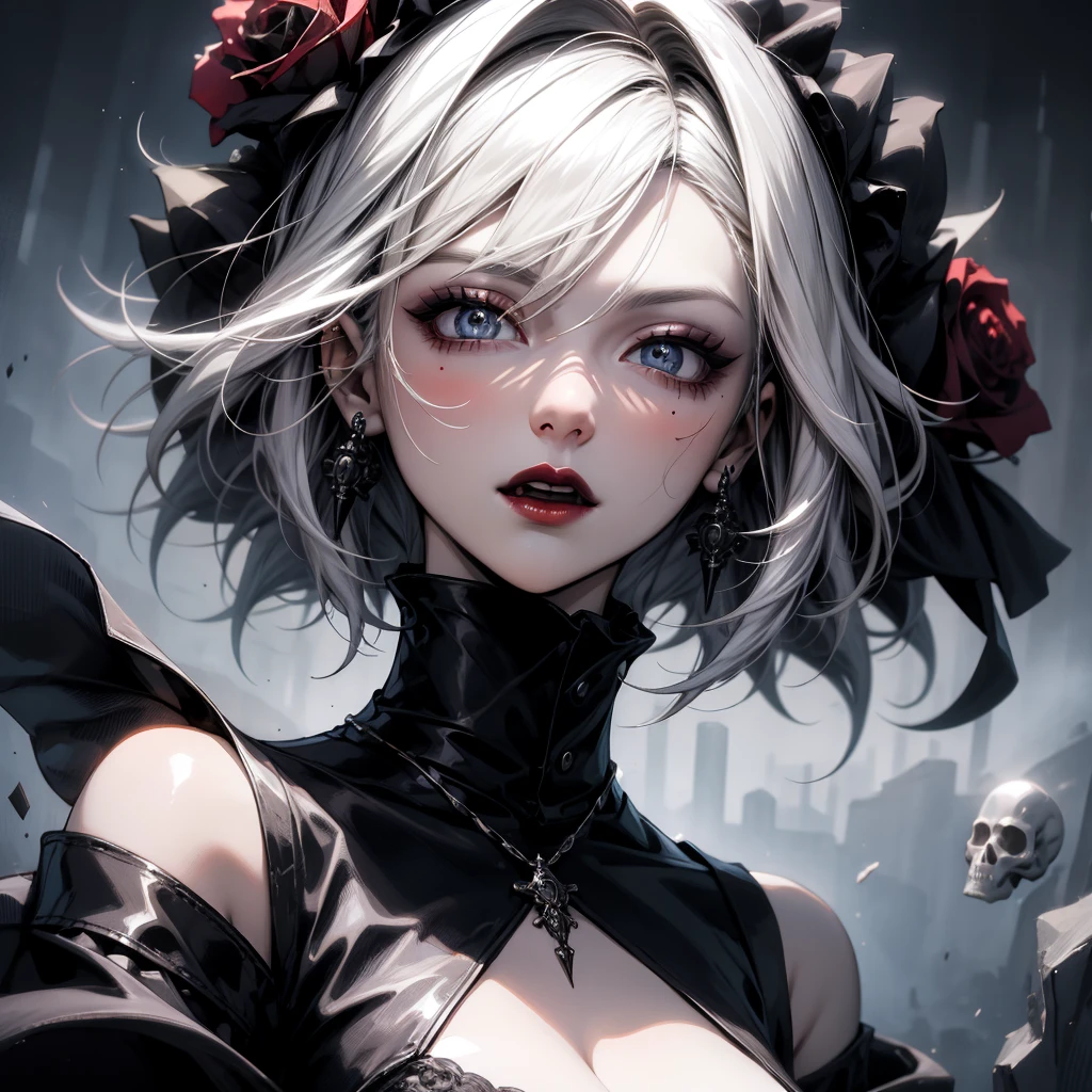 Create a fantasy portrait of a young woman with shoulder-length dark hair and striking features, set against a backdrop of ethereal darkness. She wears an elegant gown with dramatic sleeves and a high collar, adorned with roses and shards of glass. Her pale skin glows subtly, while her expressive eyes reflect a mixture of vulnerability and strength, accentuated by bold red lips. Incorporate a gothic undertone with hidden skulls and a dreamlike atmosphere.