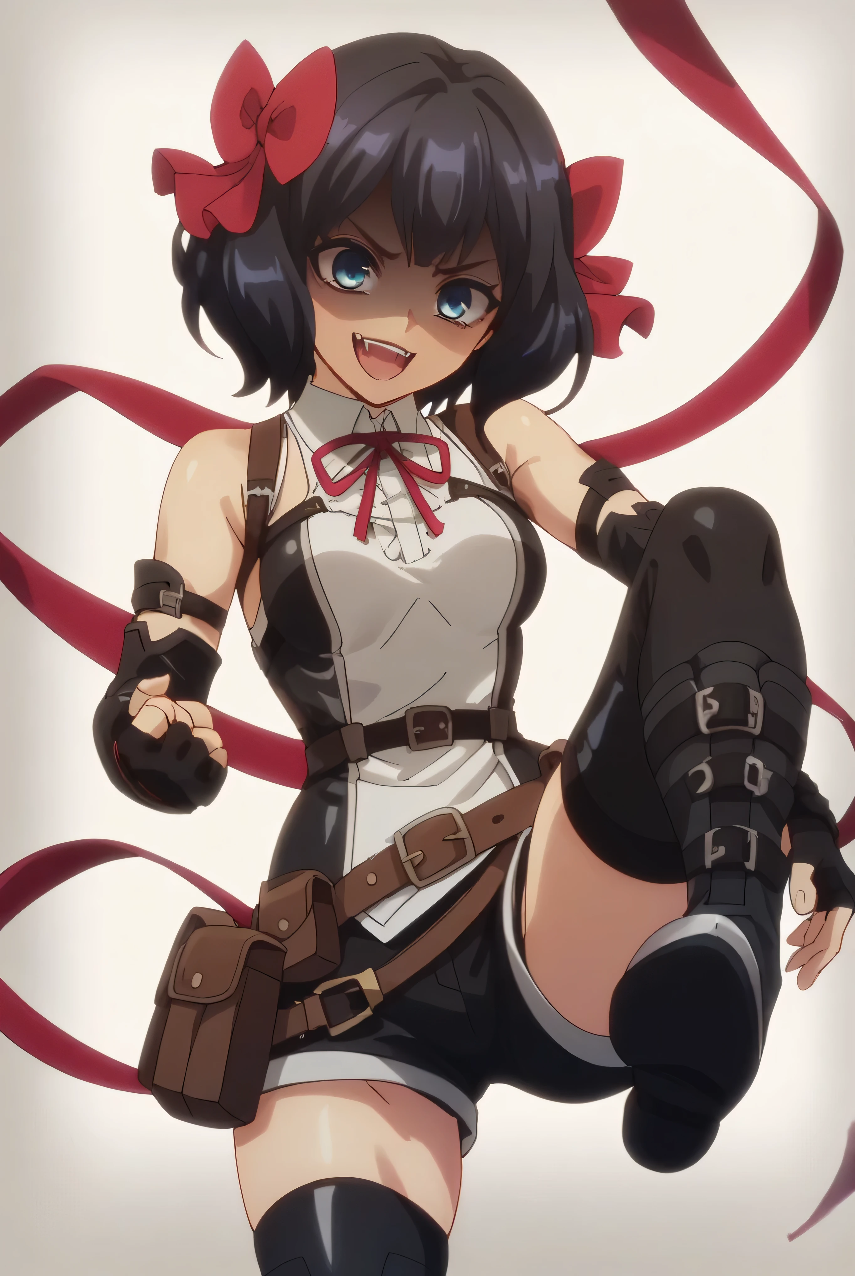 (score_9,score_8_up,score_7_up, ),TXWL_DN,1girl,Alone,black hair,fingerless gloves,thighhighs,blue eyes,short hair,black thighhighs,shade shaded face(eyes in shadow),,red ribbon,black gloves,hair bow,belt,detached sleeves,black latex shorts,belt pouch,cowboy_shot,,,shirt,shiny latex thighhigh_boots,evil laugh,,feet,,Devastation,kick,