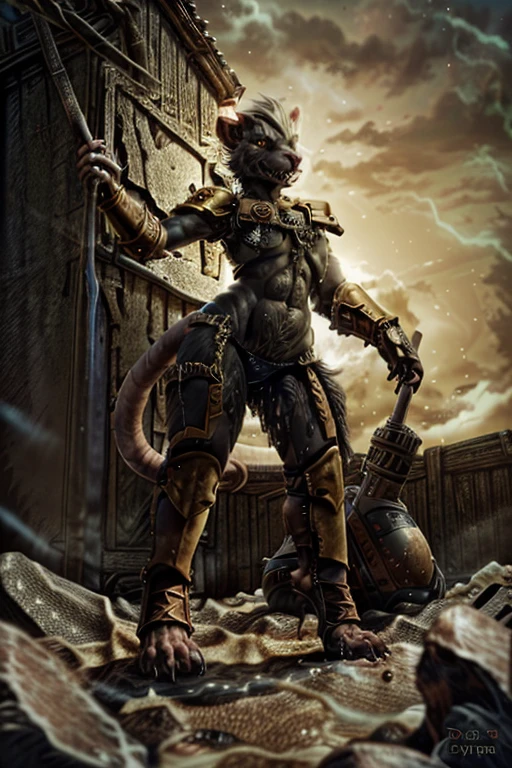 solo,anthro, rat, rodent, skaven, fluffy, safe, rat tail, hairy, warhammer fantasy, vermintide, front view, black body:1.3,masterpiece,highly detailed,8k resolution,solo,ultra detailed perfect piece,masterpiece,extremely detailed CG 8k,very fine 8K CG,best quality,absurdres,zoomed out view,full body view, full length portrait,((anthro)), 8k, 4k, 2k, detailed, intricate, (female), ((solo)), ((detailed fur)),Perfect Anatomy

Detailed background,a bright but desert likd wasteland in a battle field, in control of other skaven,zoomed out full body view,must be bright colors to see

Character a very tall Skaven female giantess standing at over 12ft tall being a towering figure being taller then a house,D cups,thick thighs,feminine massively over-muscled phyique with abs,muscular arms,muscular legs,short white hair in a bob cut,thick messy fur on the body,dark black fur only,golden yellow eyes,one one long pink rat tail,a pink nose on her snout,sharp fanged teeth on the muzzle,hands and feet being pink and rat like paws like with long and sharp claws for, she is smiling and confidently

She wears nothing but a space marine’s armor but with no helmet or gloves or boots,the armor is scavanged up and themed to fit for a skaven as a scavanges and forced to fit for a top and bottoms, the armor has an energy shield powered by the green glow of warpstone, the armor is black with the main color,red with the secondary color, with gold and silber timmongs

She has a Modified Storm Bolter in her left hand, a powerful flamethrower, and in her right hand lightning-infused blue steel axe with a blue lighting glow to it,with her armor having a green glowing rocks in it due to warpstones being embeded into the chest, stomach and shoulder armor areas

Must have black fur,as in jet black color for a pure black coat of fur,but not white fur with Space Marine themed armor

Also no watermarks at all

by personalami, by zephyxus, by darkgem, by null-ghost, skaven, MFBP1, Warhammer 40K