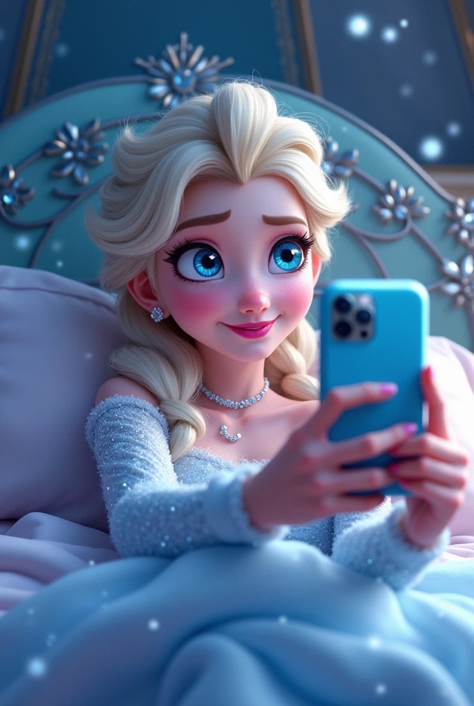 score_9_presence, score_8_up, Elsa, wrapped in towel, medium breasts, holding phone