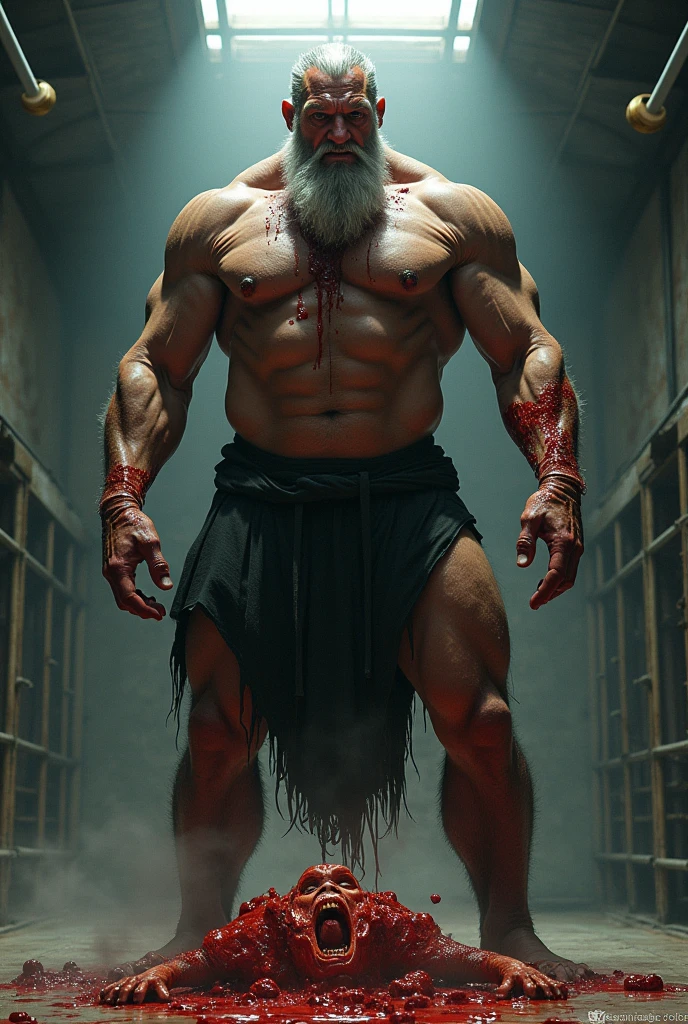 A handsome,Orc with abs tied to a cross,Shoes taken off,Revealing two big bare feet,Both feet are locked in the foot,Five toes tied with rope in foot,The hands were tied tightly to the wooden board.,His upper body was stripped,Wearing only a pair of trousers,Being tickled by a robot man,His armpits were constantly tickled by feathers.,The soles of his feet were being scratched by two brushes.,At the same time, two dogs were licking the bottom of his feet.。The toes are also tickled by many tentacles growing from the foot.。The abdomen is being tickled by a robotic arm,And he laughed,Struggling hysterically,Swinging his two feet,I want to escape from this nightmare.,But can only endure the punishment of being tickled。*(Have an expression of laughing like being tickled)