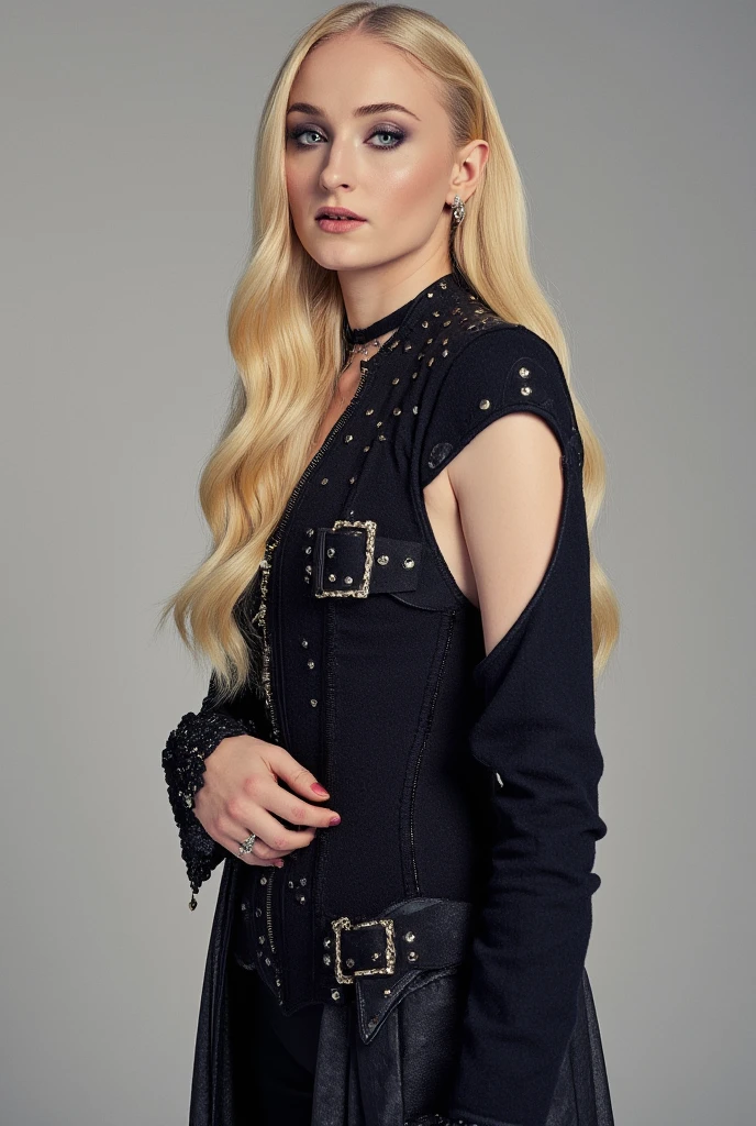 Sophie Turner,blonde hair,corset, double belts, a choker, and some kind of wrist accessory