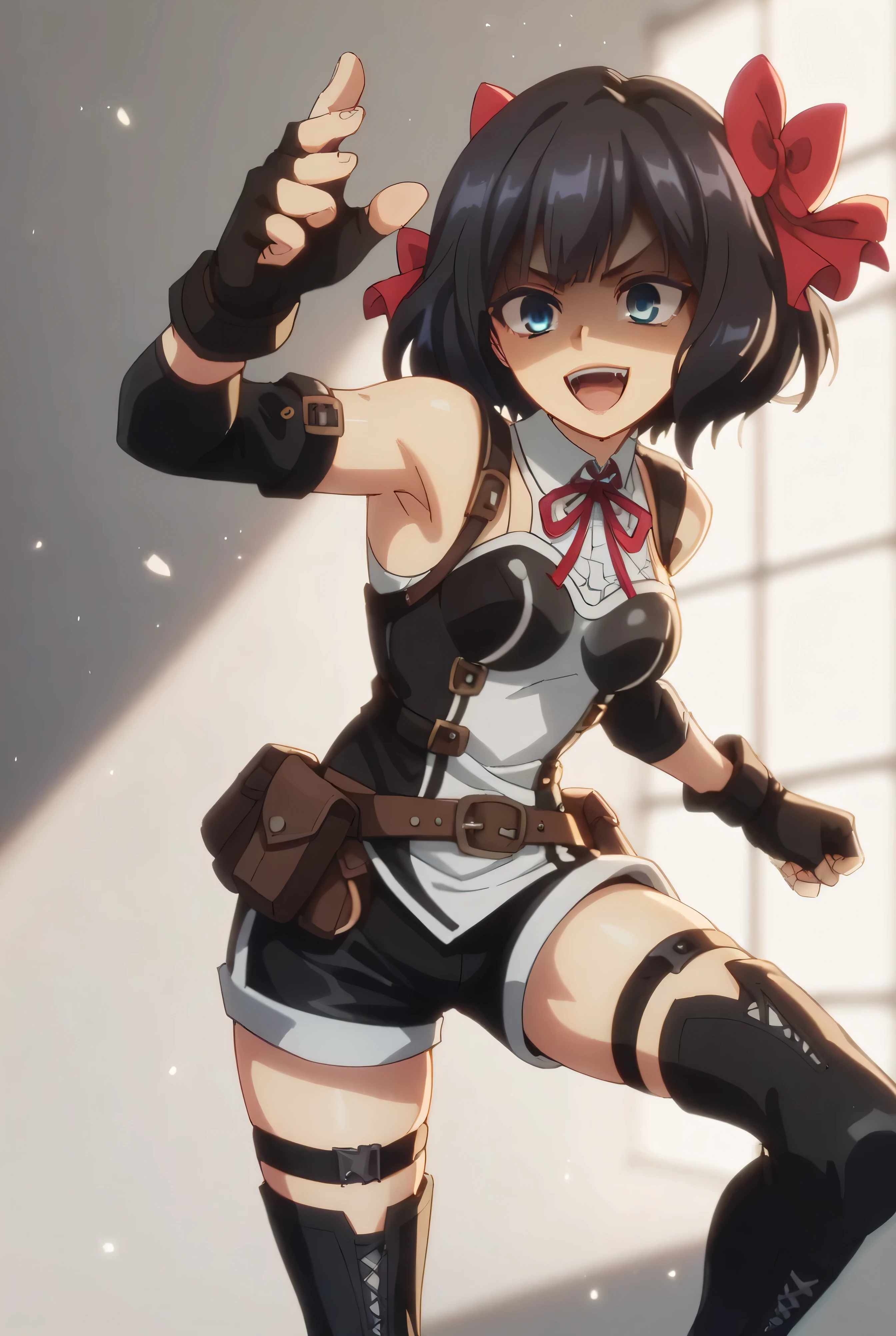 (score_9,score_8_up,score_7_up, ),TXWL_DN,1girl,Alone,black hair,fingerless gloves,thighhighs,blue eyes,short hair,black thighhighs,shade shaded face(eyes in shadow),,red ribbon,black gloves,hair bow,belt,detached sleeves,black latex shorts,belt pouch,cowboy_shot,,,shirt,shiny latex thighhigh_boots,evil laugh,,feet,,Devastation,kick,