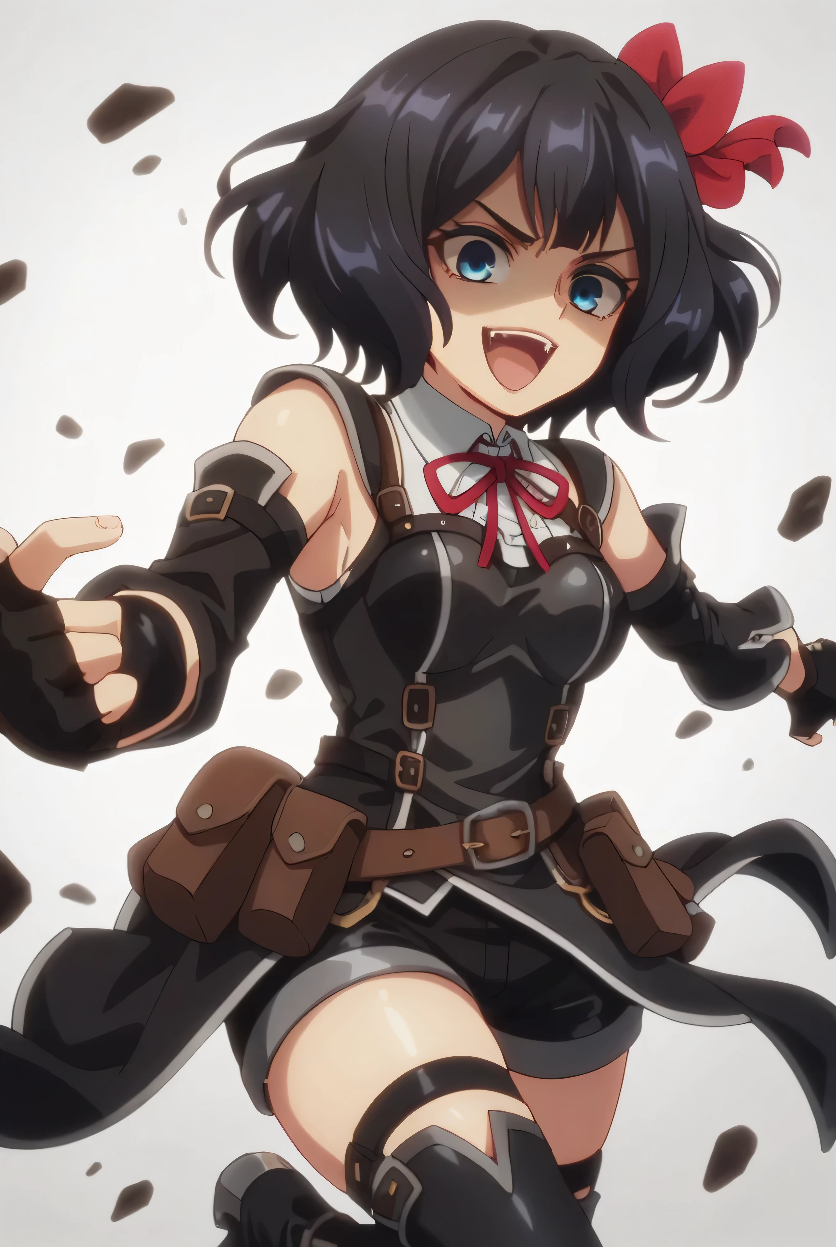 (score_9,score_8_up,score_7_up, ),TXWL_DN,1girl,Alone,black hair,fingerless gloves,thighhighs,blue eyes,short hair,black thighhighs,shade shaded face(eyes in shadow),,red ribbon,black gloves,hair bow,belt,detached sleeves,black latex shorts,belt pouch,cowboy_shot,,,shirt,shiny latex thighhigh_boots,evil laugh,,feet,,Devastation,kick,