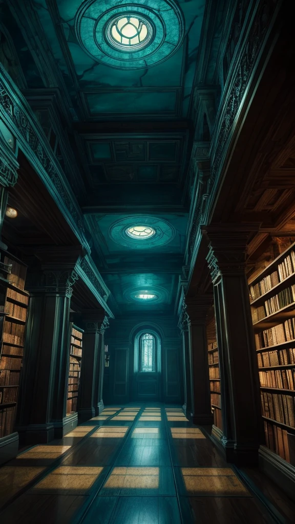 a library floor covered in books, science fiction, blue and green alien-inspired lighting, somber and magical, suspenseful, intricate fantasy library, dramatic lighting, moody atmosphere, visually stunning, photorealistic, (best quality,4k,8k,highres,masterpiece:1.2),ultra-detailed,(realistic,photorealistic,photo-realistic:1.37),HDR,UHD,physically-based rendering,extreme detail description,professional,vivid colors,dramatic lighting,moody atmosphere