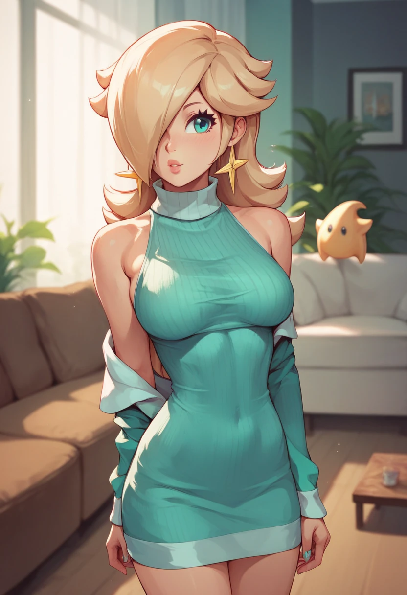  Rosalina Was Wear Sleeveless turtleneck, Ribbed sweater dress, in living room 