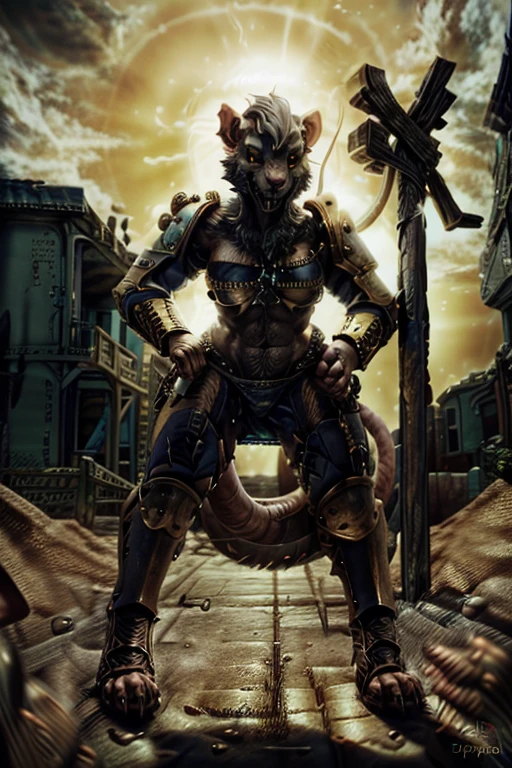 solo,anthro, rat, rodent, skaven, fluffy, safe, rat tail, hairy, warhammer fantasy, vermintide, front view, black body:1.3,masterpiece,highly detailed,8k resolution,solo,ultra detailed perfect piece,masterpiece,extremely detailed CG 8k,very fine 8K CG,best quality,absurdres,zoomed out view,full body view, full length portrait,((anthro)), 8k, 4k, 2k, detailed, intricate, (female), ((solo)), ((detailed fur)),Perfect Anatomy

Detailed background,a bright but desert likd wasteland in a battle field, in control of other skaven,zoomed out full body view,must be bright colors to see

Character a very tall Skaven female giantess standing at over 12ft tall being a towering figure being taller then a house,D cups,thick thighs,feminine massively over-muscled phyique with abs,muscular arms,muscular legs,short white hair in a bob cut,thick messy fur on the body,dark black fur only,golden yellow eyes,one one long pink rat tail,a pink nose on her snout,sharp fanged teeth on the muzzle,hands and feet being pink and rat like paws like with long and sharp claws for, she is smiling and confidently

She wears nothing but a space marine’s armor but with no helmet or gloves or boots,the armor is scavanged up and themed to fit for a skaven as a scavanges and forced to fit for a top and bottoms, the armor has an energy shield powered by the green glow of warpstone, the armor is black with the main color,red with the secondary color, with gold and silber timmongs

She has a Modified Storm Bolter in her left hand, a powerful flamethrower, and in her right hand lightning-infused blue steel axe with a blue lighting glow to it,with her armor having a green glowing rocks in it due to green rocks being embeded into the chest, stomach and shoulder armor areas

Must have black fur,as in jet black color for a pure black coat of fur,but not white fur with Space Marine themed armor

Also no watermarks at all

by personalami, by zephyxus, by darkgem, by null-ghost, skaven, MFBP1, Warhammer 40K