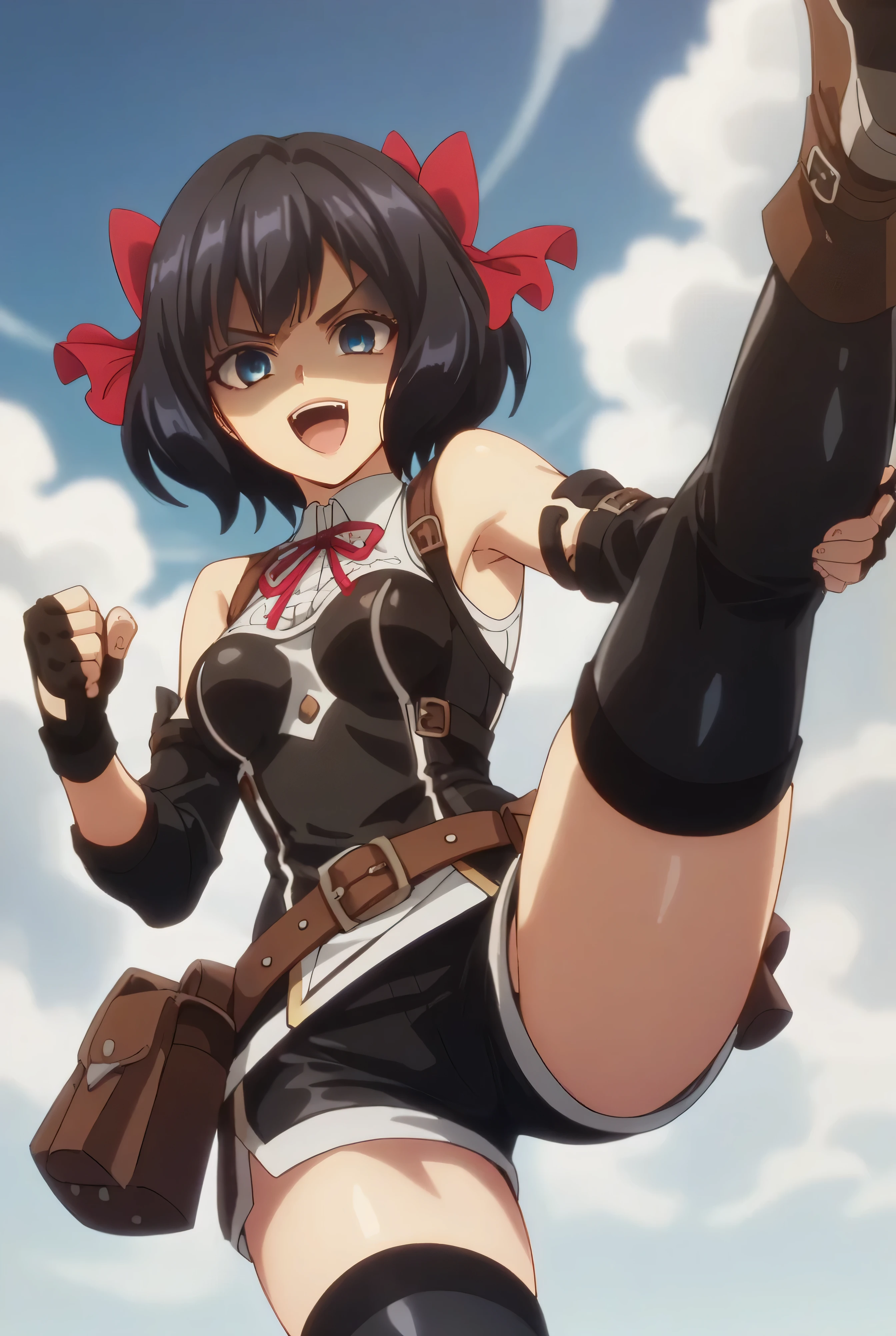 (score_9,score_8_up,score_7_up, ),TXWL_DN,1girl,Alone,black hair,fingerless gloves,thighhighs,blue eyes,short hair,black thighhighs,shade shaded face(eyes in shadow),,red ribbon,black gloves,hair bow,belt,detached sleeves,black latex shorts,belt pouch,cowboy_shot,,,shirt,shiny latex thighhigh_boots,evil laugh,,feet,,Devastation,kick,facing at viewer,leg up,