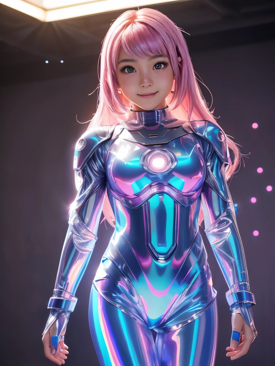 ( top quality ,  High Definition , masterpiece:1.2),　  very detailed,  realistic :1.37, ( perfect anatomy), 1 girl,, Cute Japanese Girl ,１8 years , upright position,  cowboy shot,( Transforming into a Super Heroine ), very cute face, Beautiful skin, Glowing Skin, beautiful eyes,((Laughter)),( Ultra Tight Translucent Holographic Super Sexy Heroine Plug Suit with Futuristic Shiny:1.2), Attention to Details of the Outfit ,,Cyber Necklace , pink hair, shortcuts,Idol Makeup,( My Body Is Wrapped in Light :1.5), active pose