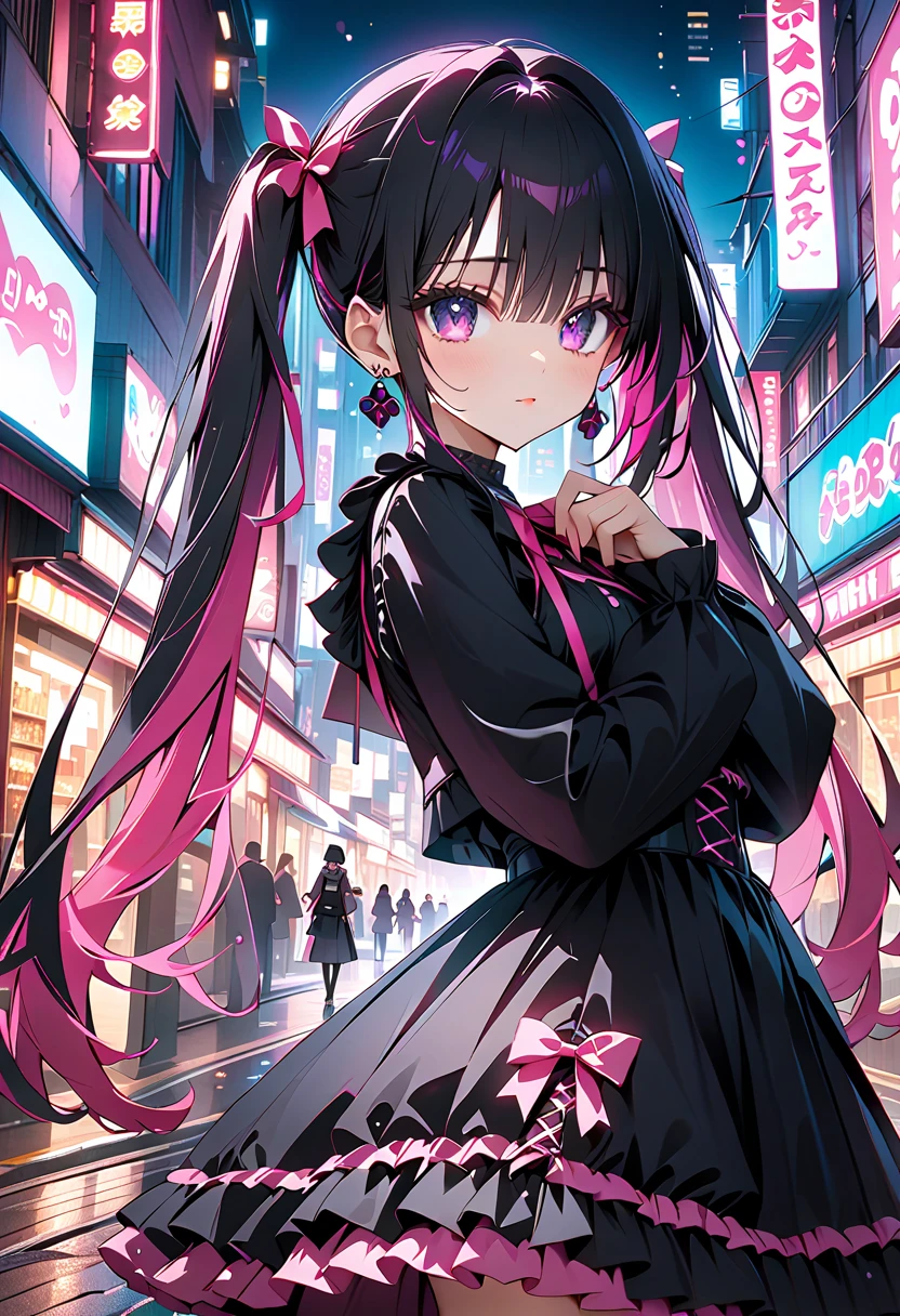 1 girl, (landmine girl), cute, dark, menhera, jirai kei, straight black hair in twin tails, pink inner color, jirai kei attire, pink and black clothes, (detailed beautiful face, finely detailed beautiful eyes), earrings, ribbon, cute pose, (in the city, night), (cowboy shot, face focus), deep depth of field, stunning, fascinating, enchanting, cinematic lighting, cinematic composition, anime style, vibrant colors, thin lines, dreamlike, absurdres, highres, masterpiece, best quality, newest, very aesthetic, ultra quality, high detailed, anatomically correct, perfect hands,