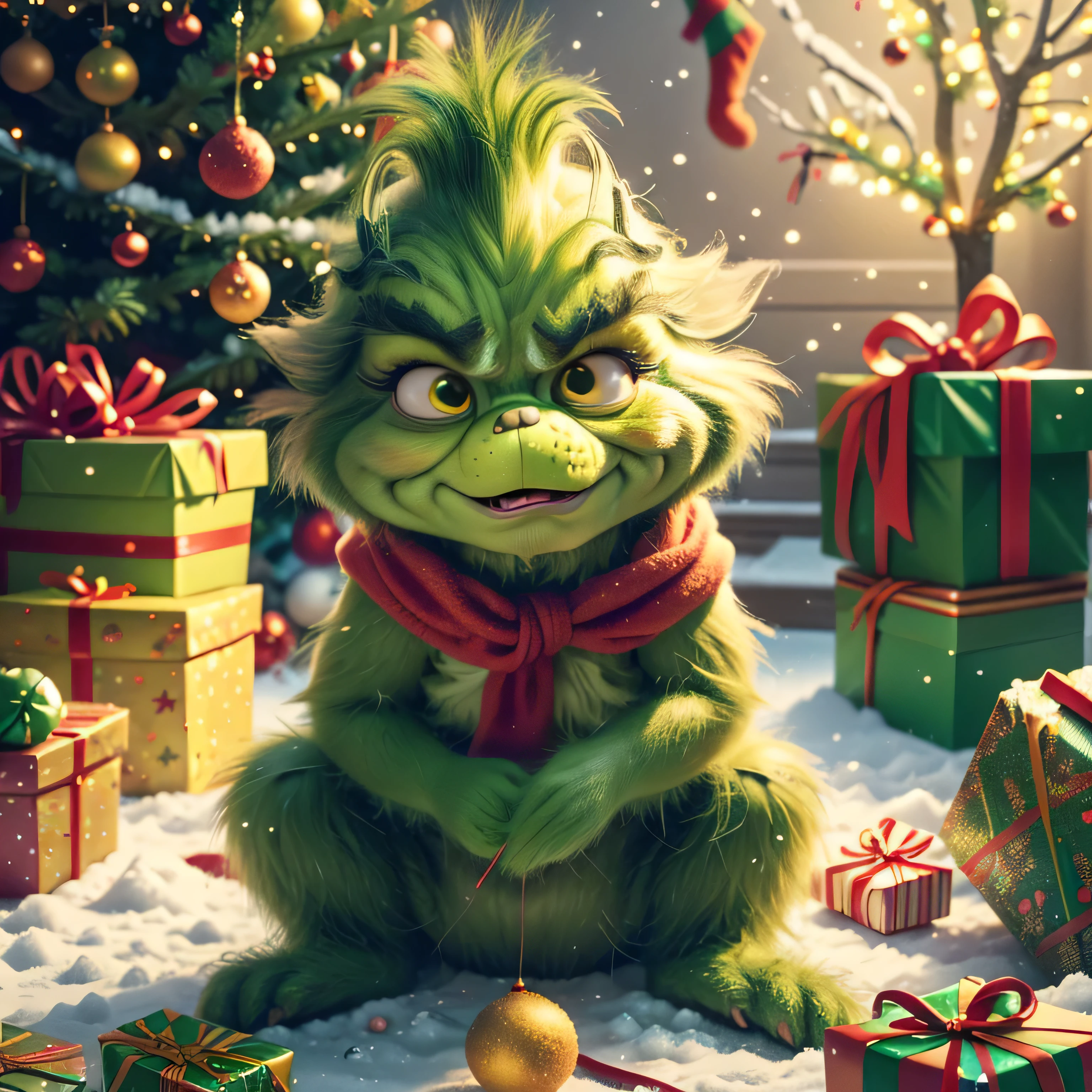 Depict the Grinch in a funny situation, such as trying to steal the Christmas tree but getting tangled up in lights or decorations instead. Add funny text such as: 'When you realize there's no tree this year and you've given up!' Use bright Christmas colors and elements such as snow, presents, and toys to create a festive mood.