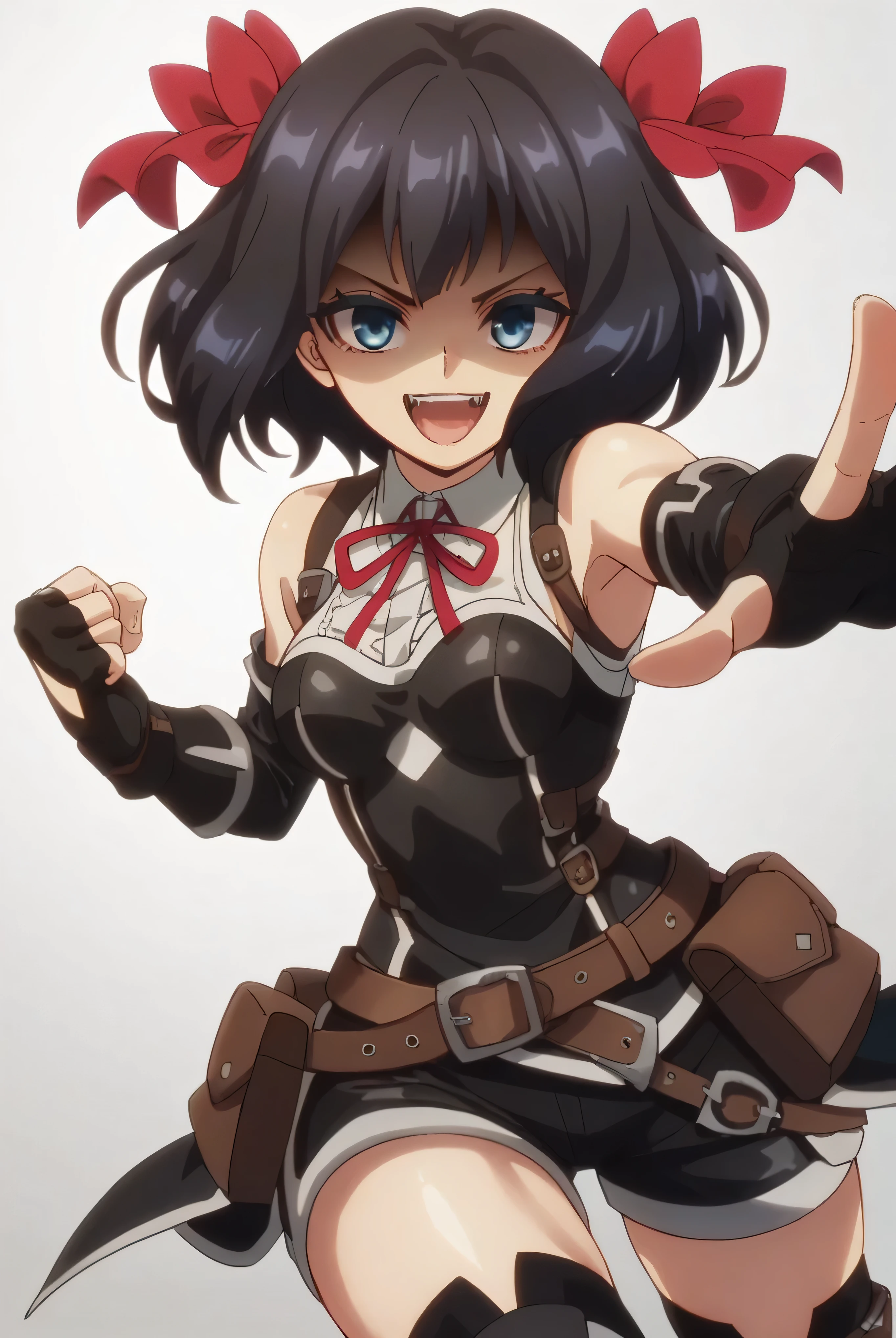 (score_9,score_8_up,score_7_up, ),TXWL_DN,1girl,Alone,black hair,fingerless gloves,thighhighs,blue eyes,short hair,black thighhighs,shade shaded face(eyes in shadow),,red ribbon,black gloves,hair bow,belt,detached sleeves,black latex shorts,belt pouch,cowboy_shot,,,shirt,shiny latex thighhigh_boots,evil laugh,,feet,,Devastation,kick,facing at viewer,leg up,