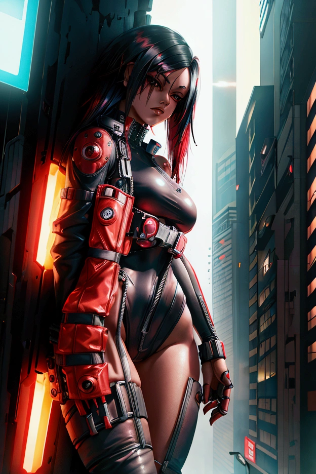 Cyberpunk, body suit, black and red, long hair, beautiful, 1 girl, punk, one piece, showing thighs, black hair, normal arms, face piercings, pistol, arrested