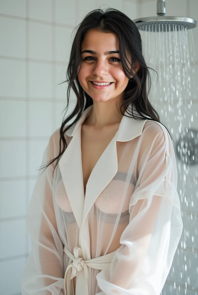 woman, white transparent dress, shower in hand, sitting next to bathtub, looking inside bathtub, smiling, side photo