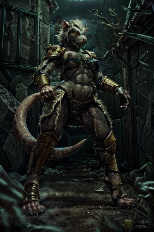 solo,anthro, rat, rodent, skaven, fluffy, safe, rat tail, hairy, warhammer fantasy, vermintide, front view, black body:1.3,masterpiece,highly detailed,8k resolution,solo,ultra detailed perfect piece,masterpiece,extremely detailed CG 8k,very fine 8K CG,best quality,absurdres,zoomed out view,full body view, full length portrait,((anthro)), 8k, 4k, 2k, detailed, intricate, (female), ((solo)), ((detailed fur)),Perfect Anatomy

Detailed background,a bright but desert likd wasteland in a battle field, in control of other skaven,zoomed out full body view,must be bright colors to see

Character a very tall Skaven female giantess standing at over 12ft tall being a towering figure being taller then a house,D cups,thick thighs,feminine massively over-muscled phyique with abs,muscular arms,muscular legs,short white hair in a bob cut,thick messy fur on the body,dark black fur only,golden yellow eyes,one one long pink rat tail,a pink nose on her snout,sharp fanged teeth on the muzzle,hands and feet being pink and rat like paws like with long and sharp claws for, she is smiling and confidently

She wears nothing but a space marine’s armor but with no helmet or gloves or boots,the armor is scavanged up and themed to fit for a skaven as a scavanges and forced to fit for a top and bottoms, the armor has an energy shield powered by the green glow of warpstone, the armor is black with the main color,red with the secondary color, with gold and silber timmongs

She has a Modified Storm Bolter in her left hand, a powerful flamethrower, and in her right hand lightning-infused blue steel axe with a blue lighting glow to it,with her armor having a green glowing rocks in it due to green rocks being embeded into the chest, stomach and shoulder armor areas

Must have black fur,as in jet black color for a pure black coat of fur,but not white fur with Space Marine themed armor

Also no watermarks at all

by personalami, by zephyxus, by darkgem, by null-ghost, skaven, MFBP1, Warhammer 40K