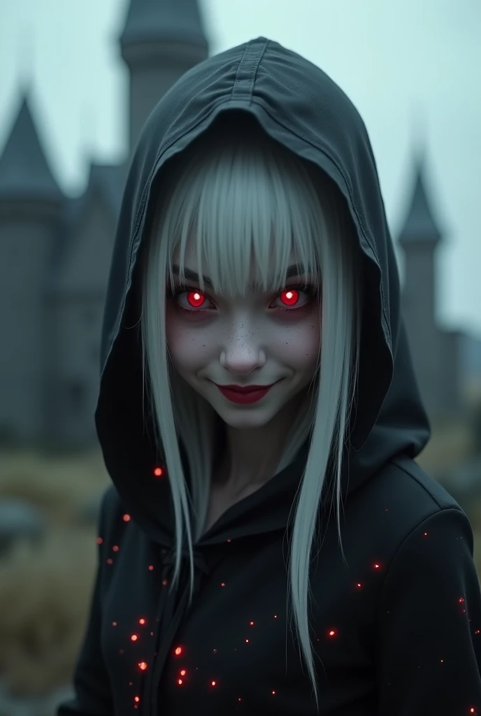 A Girl With White Hair, Red Eyes,Black Skin and also a creepy smile