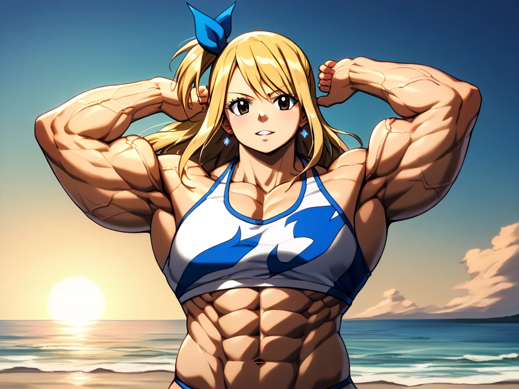 muscular girl, ((((huge)))) girl, (((((flat))))) chest,((((((wide)))))) shoulder, 1girl, ((((thick)))) neck, (((((wide))))) pecs, muscular, muscle, big girl, fat, thick arms, (((large))) torso, pectorals, lat, ((((huge)))) hip, straight waist, upper body, bikini, beach, anime, japanese anime, japanese animation, very large muscles, fairy tail,  aaLucy, hair ribbon, side ponytail, blonde hair, long hair, white shirt, sleeveless, detailed eyes, detailed mouth, detailed face, detailed faceline, best quality, masterpiece, intricate details, detailed, professional, earrings, front view, Upper pectoralis major, Middle pectoralis major, Lower pectoralis major, Trapezius, deltoid, anterior deltoid, middle deltoid, posterior deltoid, Biceps, Biceps long head, Biceps short head, Triceps, Triceps medial head, Triceps Lateral Head, Triceps long head, Sternocleidomastoid, Platysma, Forearm Muscles, Serratus anterior, Oblique abdominal muscles, Rectus abdominis, abs, Transverse abdominis, Gluts, gluteus maximus muscle, Gluteus medius muscle, Tensor fasciae latae muscle, quads, Rectus femoris muscle, Vastus lateralis muscle, Vastus intermedius muscle, Vastus medialis muscle, hamstring, Biceps femoris muscle, Biceps femoris long head, Biceps femoris short head, Semimembranosus, Semitendinosus, Adductor magnus muscle, surae muscle, Triceps surae muscle, Gastrocnemius muscle, Soleus muscle, blood vessels, vein, vascular, veiny (arms, shoulder, neck, chest, torso, hip)