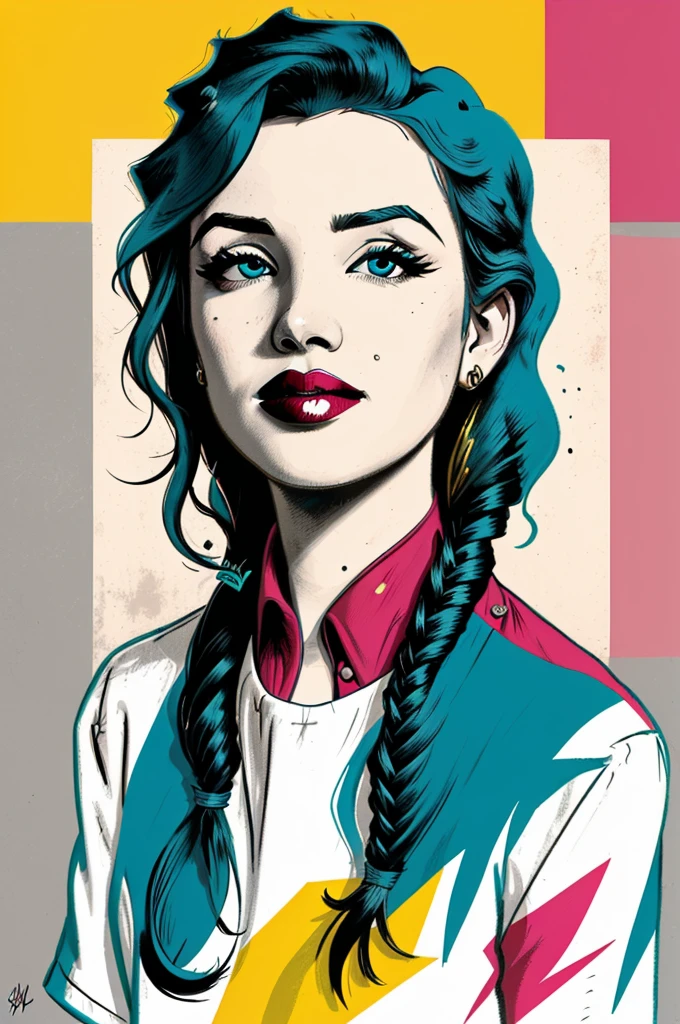 (silkscreen style, bold colors, flat, pop art, Warhol inspired:1.2) GiusyMeloni , focus on eyes, close up on face, wearing jewelry, hair styled messy fishtail braid