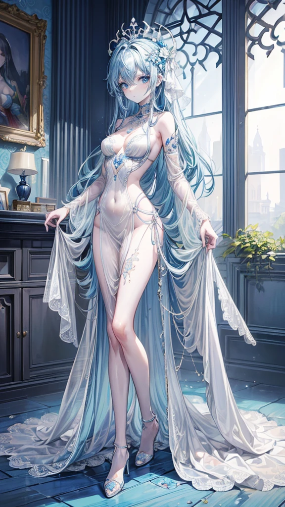 Girl with long straight (silver hair blue eyes), beautiful, thin, flat, tall, ((wearing a white sheer dress)), one with long hair, the other with short women, ((white sheer blouse, no black miniskirt)), ((white sheer underwear biting)), sexy pose, lower body slender, back figure, gaze by the window, buttocks sticking out, ((on all fours)), Ass facing away, provocative