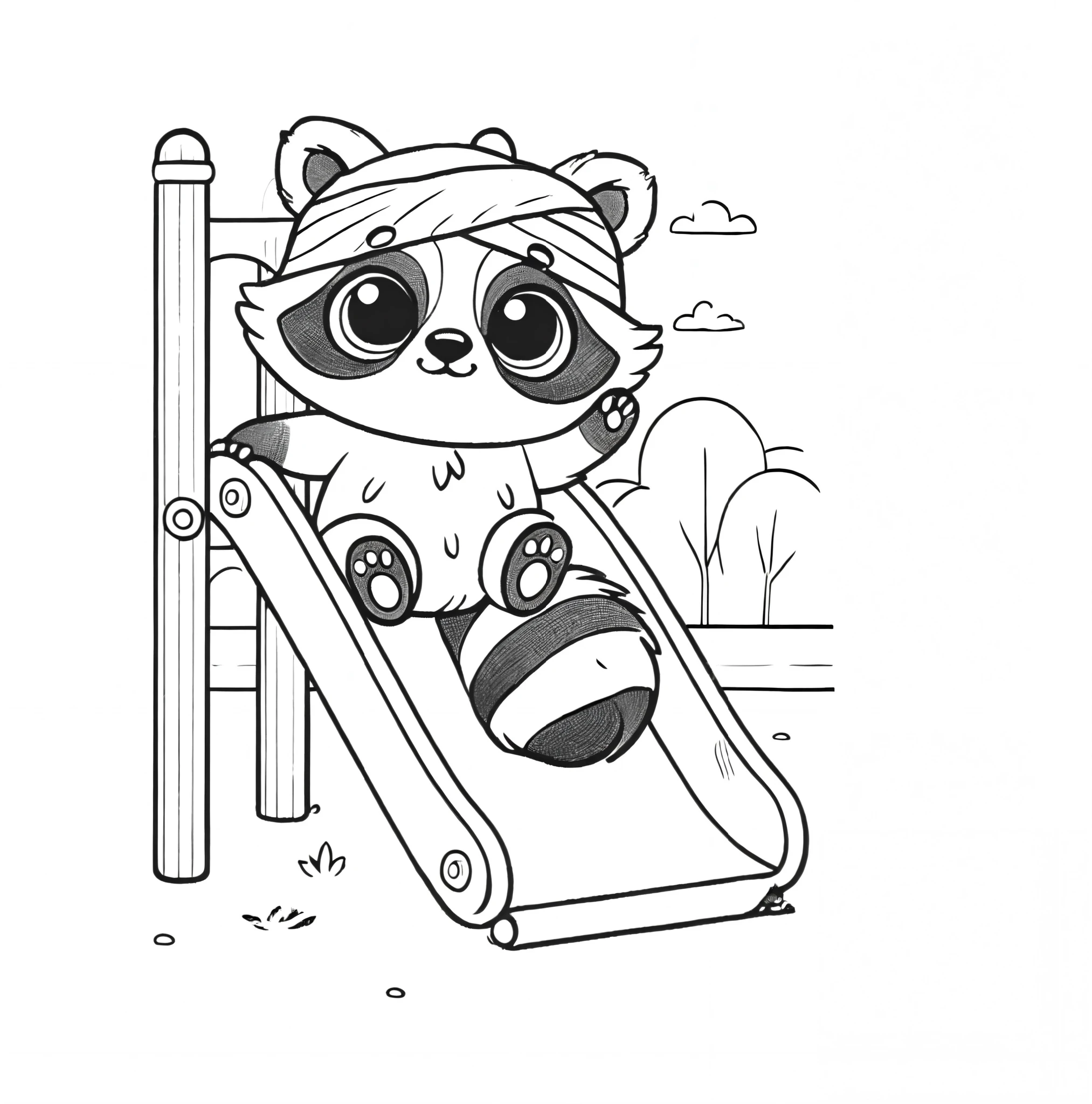 a black and white image of a raccoon on a slide, coloring book page, coloring book outline, line art illustration, line art colouring page, coloring pages, clean coloring book page, anthropomorphic racoon, mascot illustration, published art, line - art, black and white illustration, cartoon illustration, black and white coloring, colouring page